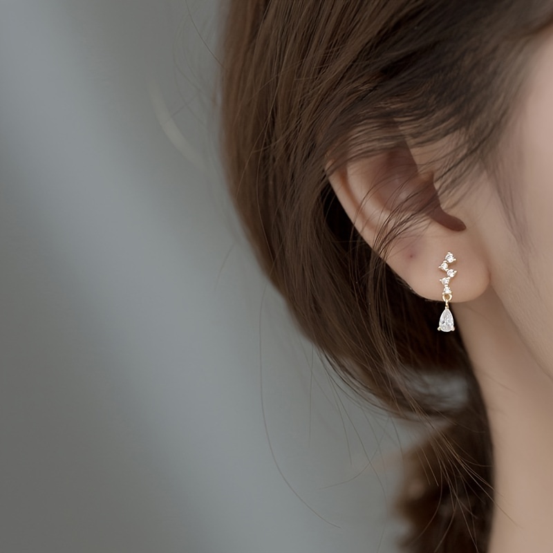 Long Water Drop Zircon Stud Earrings, 14K Plated