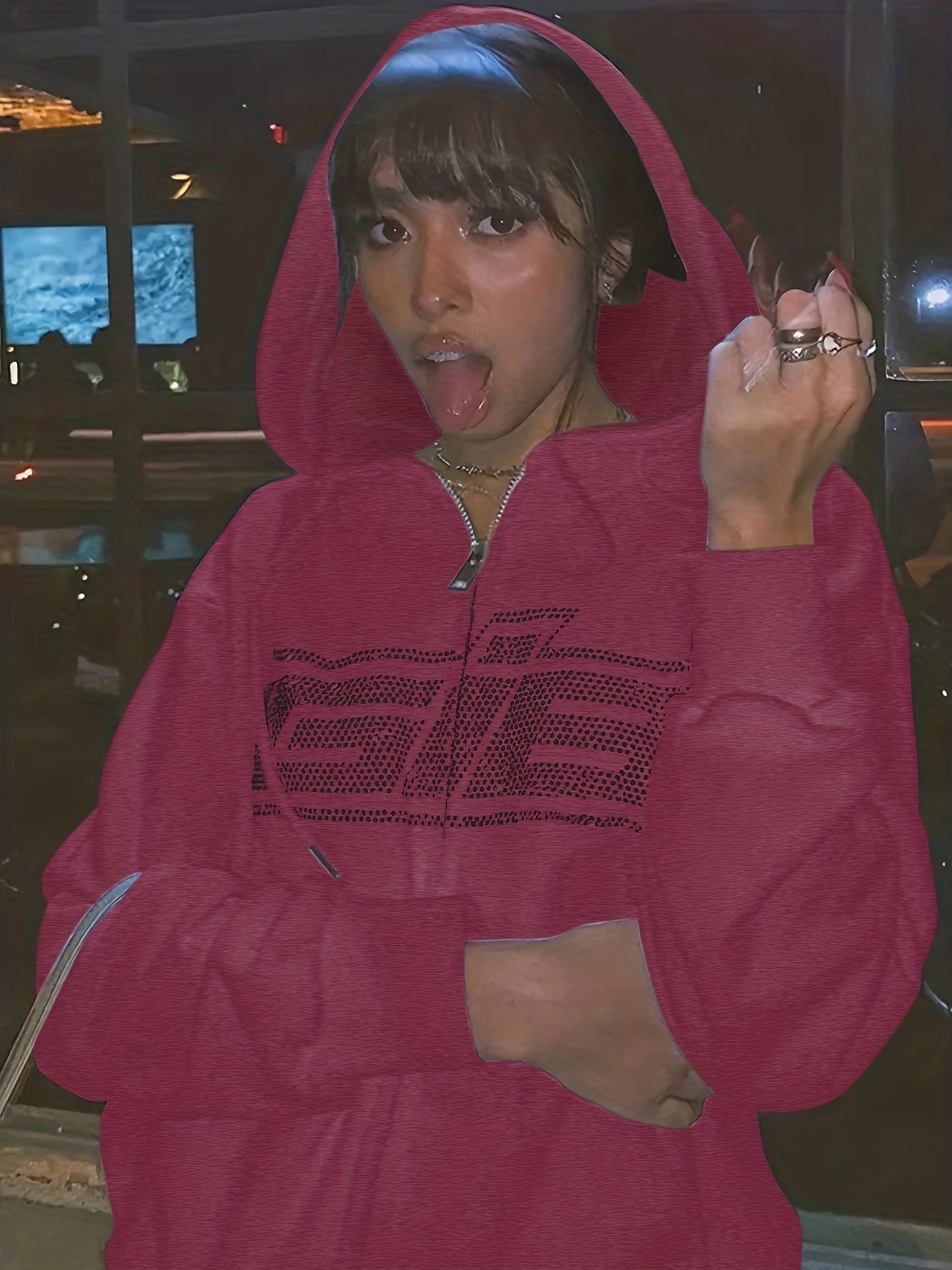 Solid Letter Print Drawstring Long Sleeve Hoodie