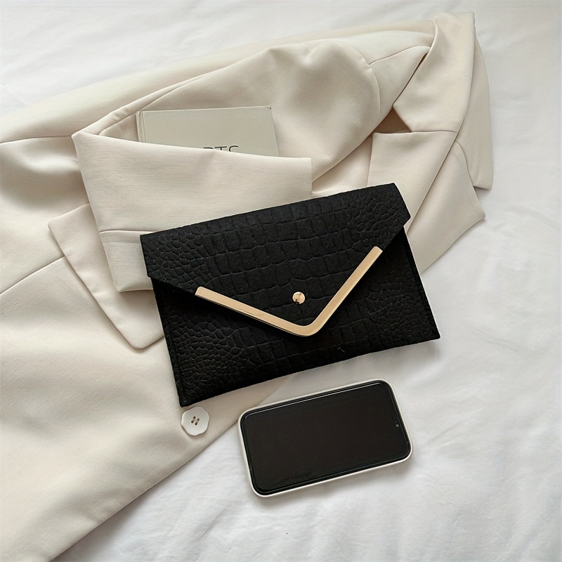 Croco Emossed Felt Envelope Clutch Metal Decor Evening Bag