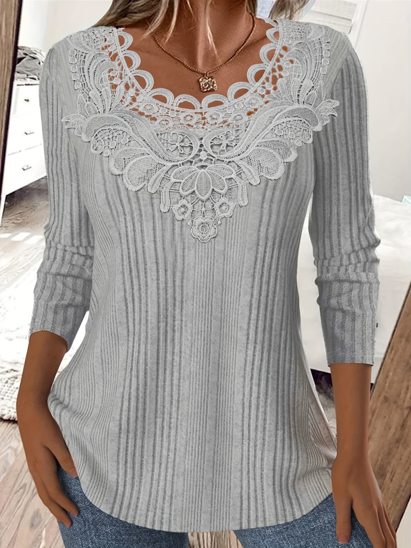 Solid Contrast Lace T shirt Casual Long Sleeve Crop Top - Temu Canada