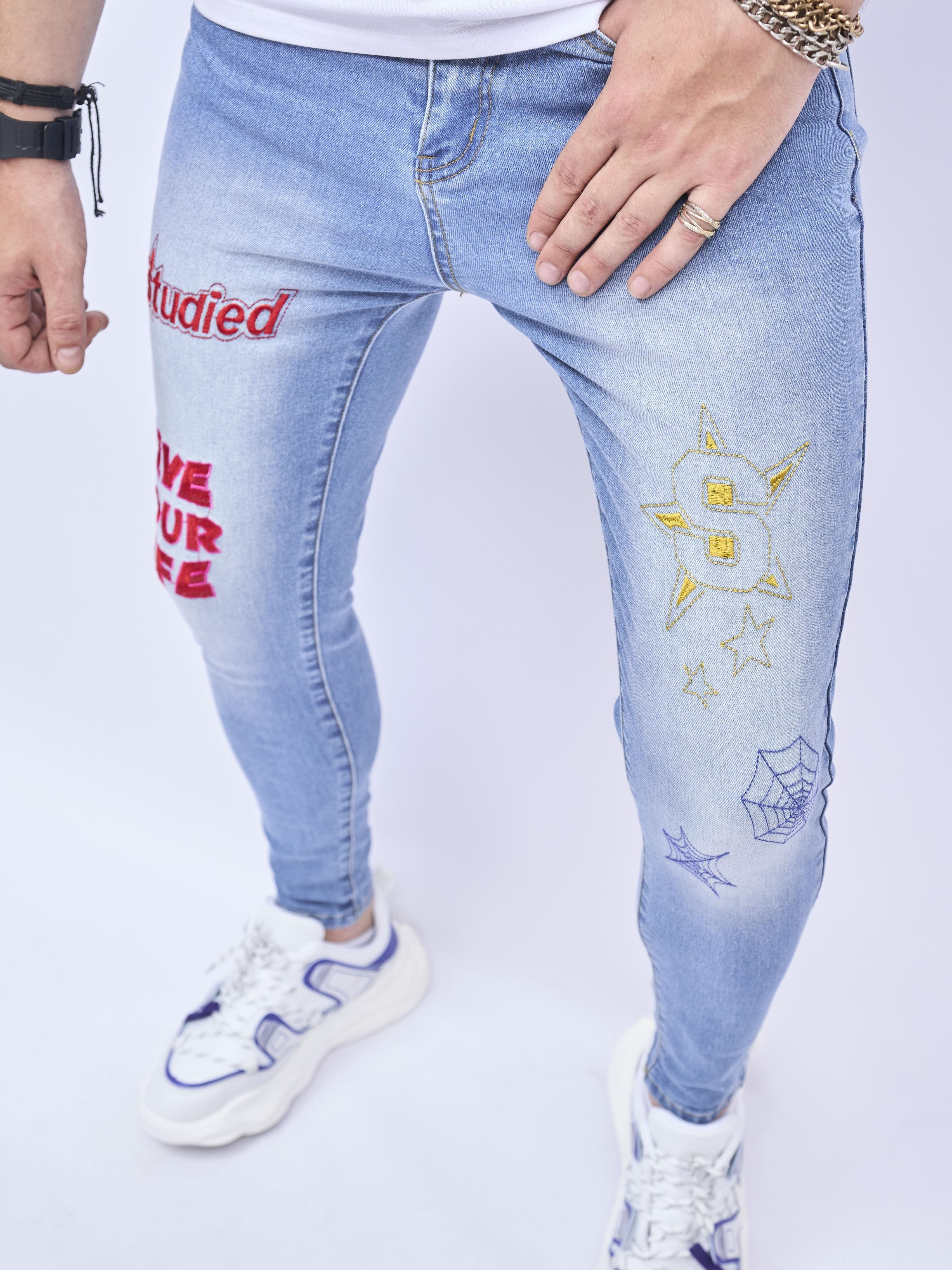 Jeans Homme Mens Pant Jeans Slim Calf Pants Men Graffiti Letter