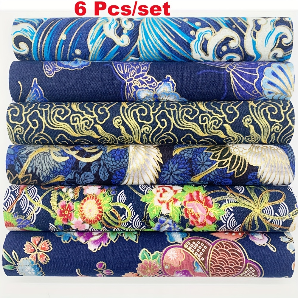 6pcs 9.8*7.8in 100% Cotton Navy Blue/red/blue/purple Cotton, Bronzing Printed Fabric, Handmade Doll Clothes Fabric, Kimono Dress Fabric, Home Textile Material