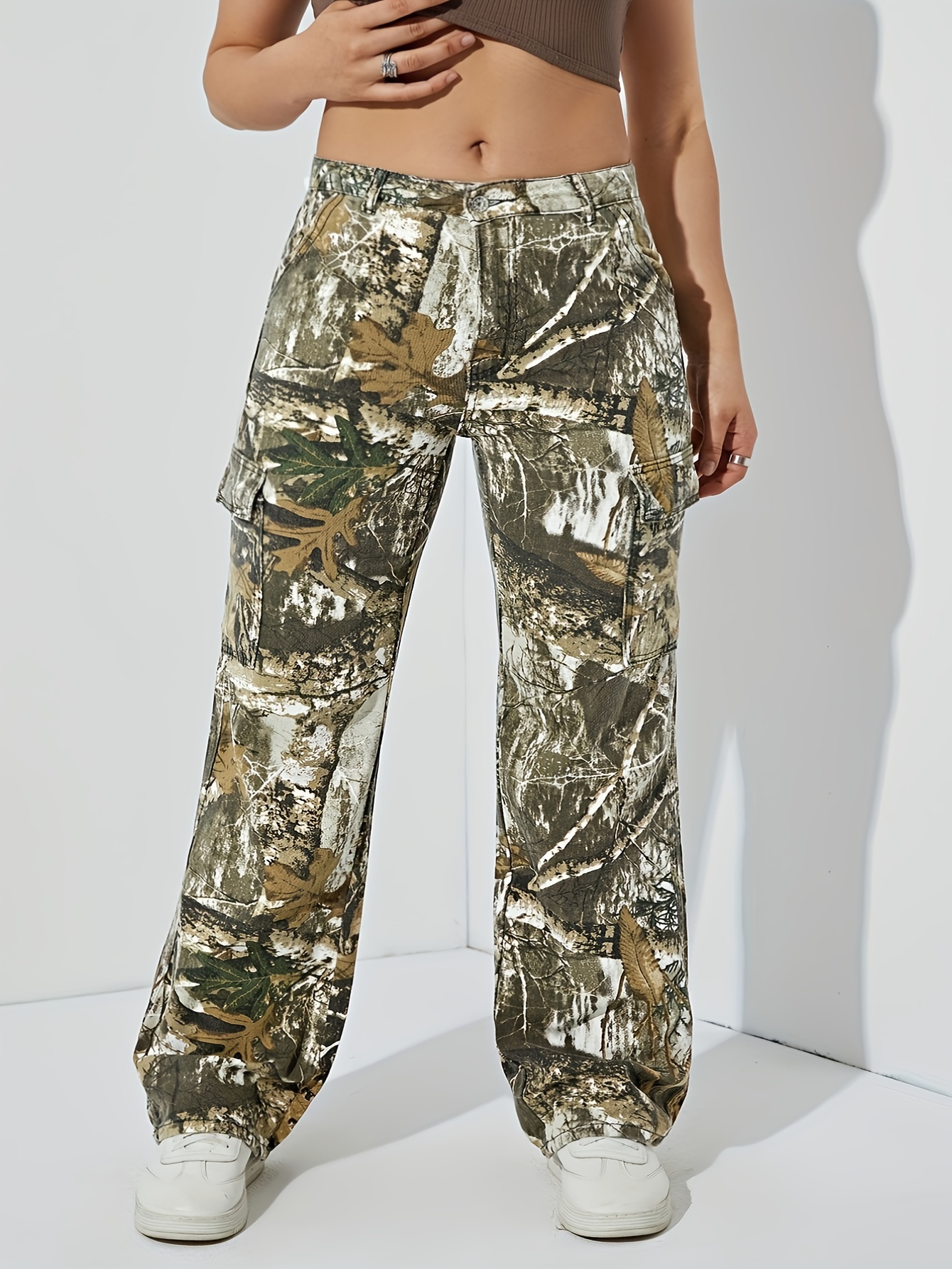 Plus Size Retro Jeans, Women's Plus Leaf Print Straight Leg High Waisted  Cargo Denim Pants With Flap Pockets