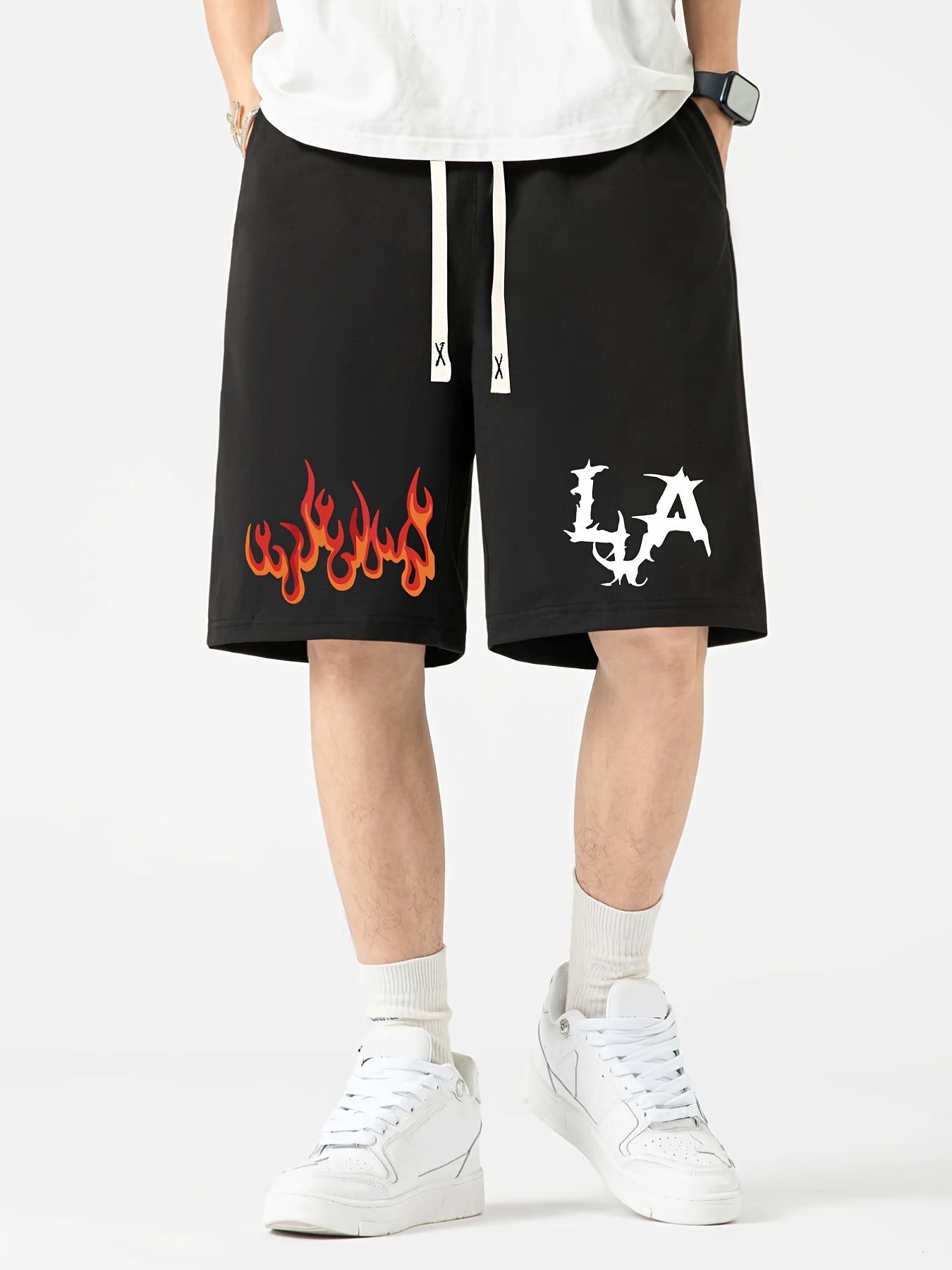 Temu Men's Flaming La Graphic Basketball Shorts, Casual Slightly Stretch Breathable Drawstring Shorts, Men's Clothing for Summer Outdoor,Breathable