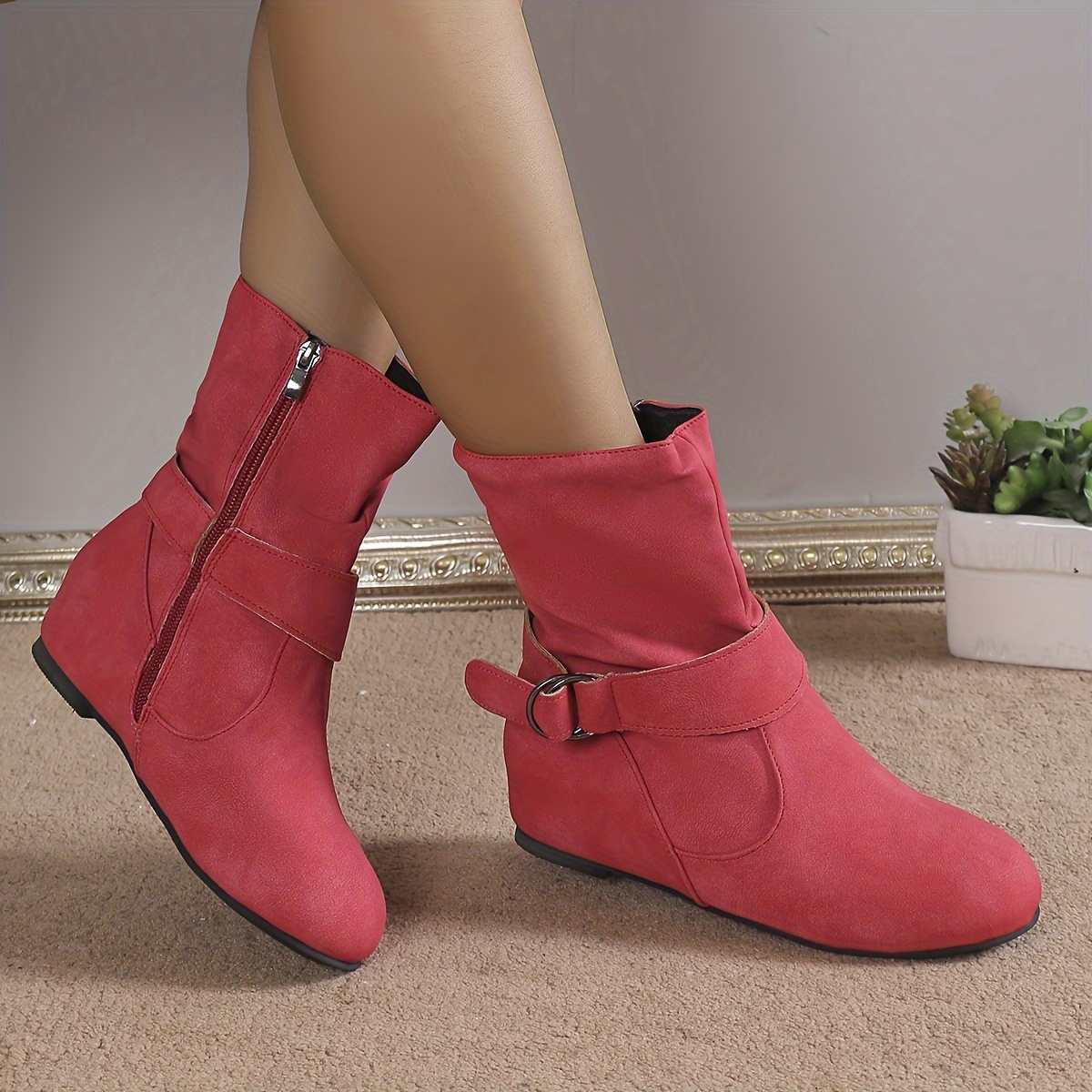 靴 EDGE ROUND SHORT BOOTS New Flat Round Toe zip up Cute Red Side Bow Ankle Boots GRIL