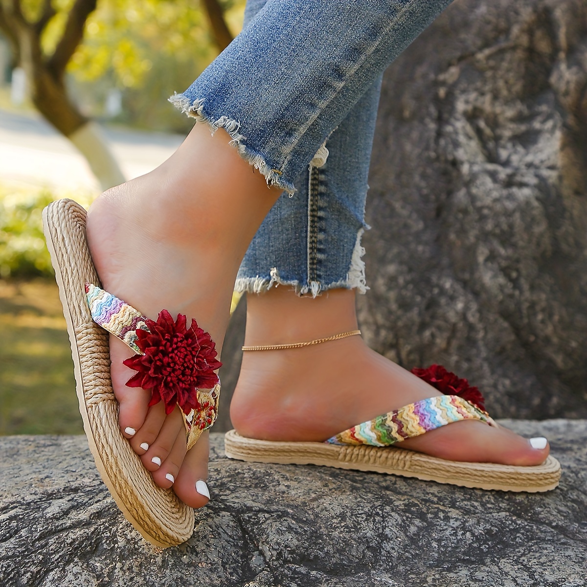 Women's Flower Decor Flip Flops, Casual Clip Toe Flat Summer Shoes,  Lightweight Beach Slide Sandals - Temu Philippines