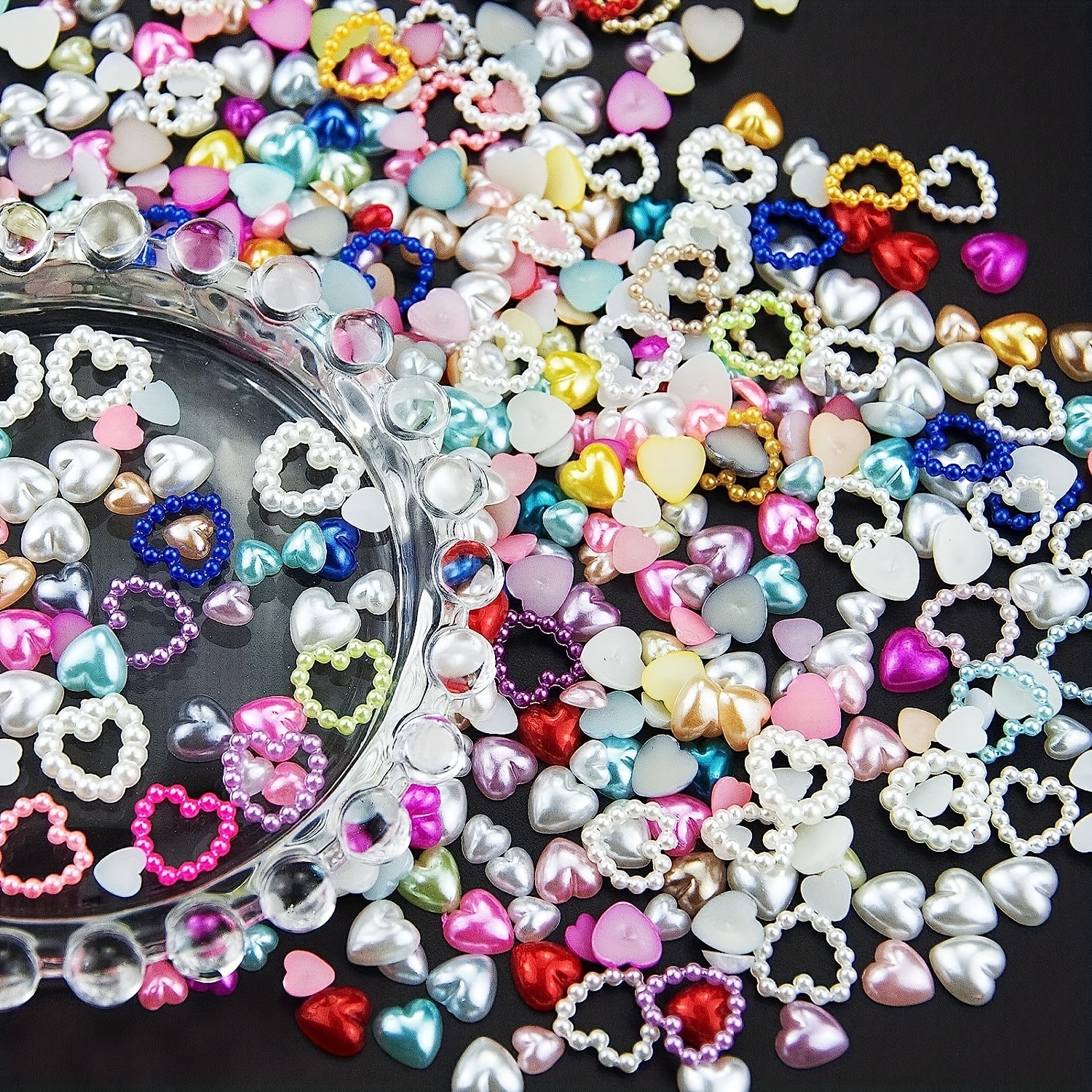 500PCS Pearls Heart Nail Charms Flatback Heart Mixed Shape Acrylic