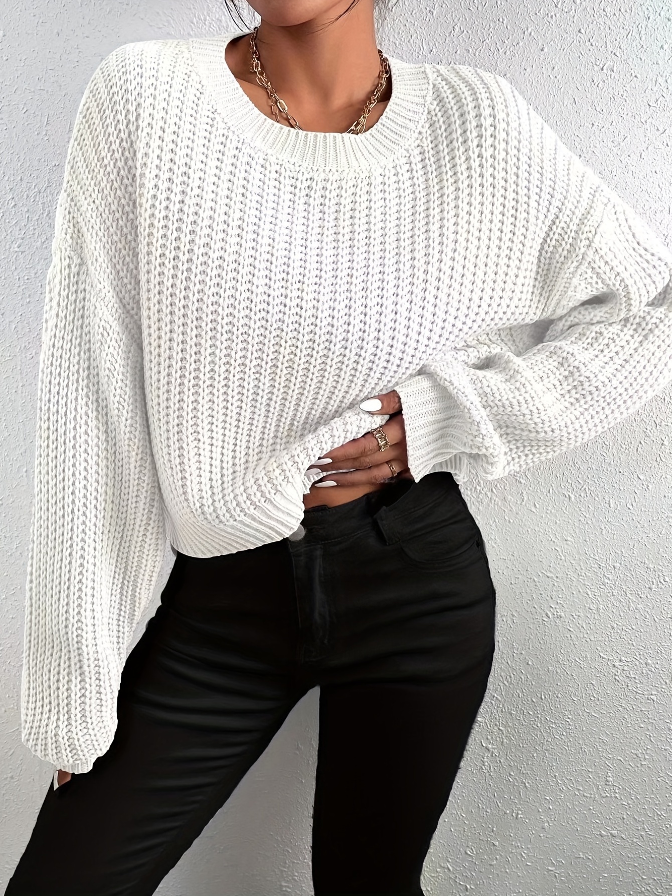 Crew Neck Rib Knit Sweater Casual Drop Shoulder Oversized - Temu