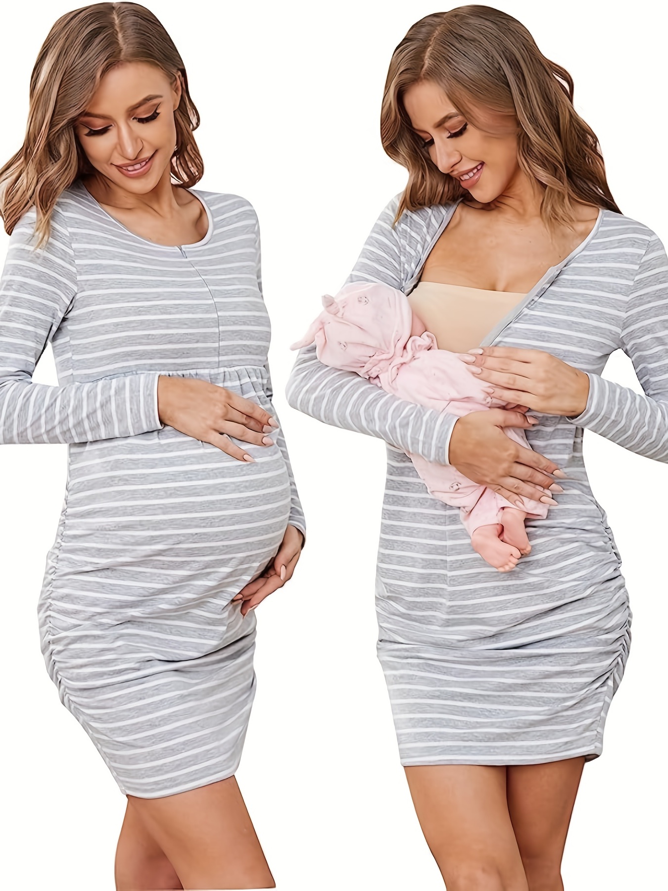 Women's Zip Up Nursing Dress, Solid Short Sleeves Breastfeeding Clothing