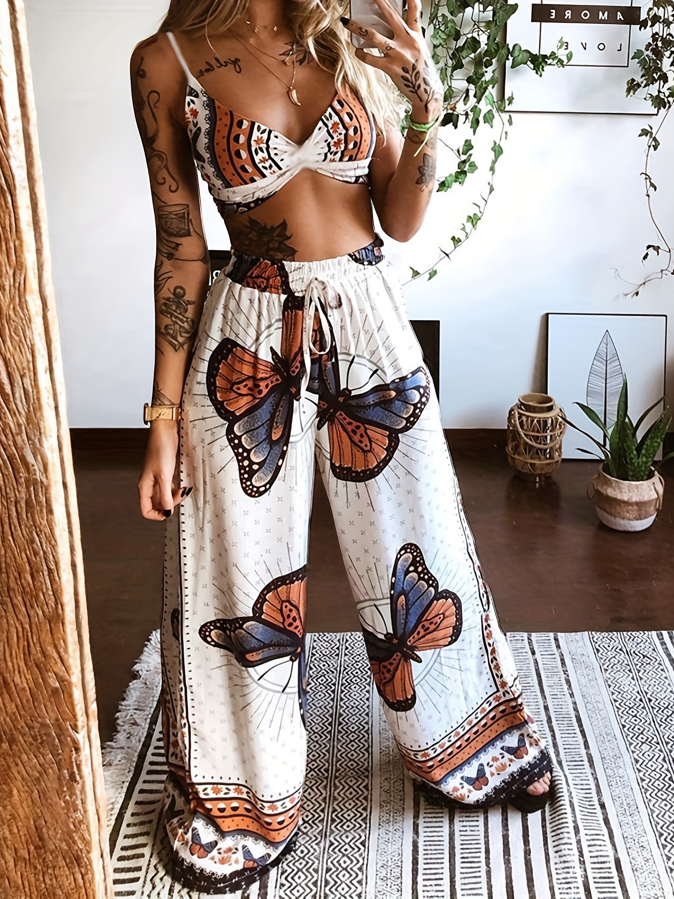 Casual Floral Print Matching Two piece Set Tank Top Wide Leg - Temu
