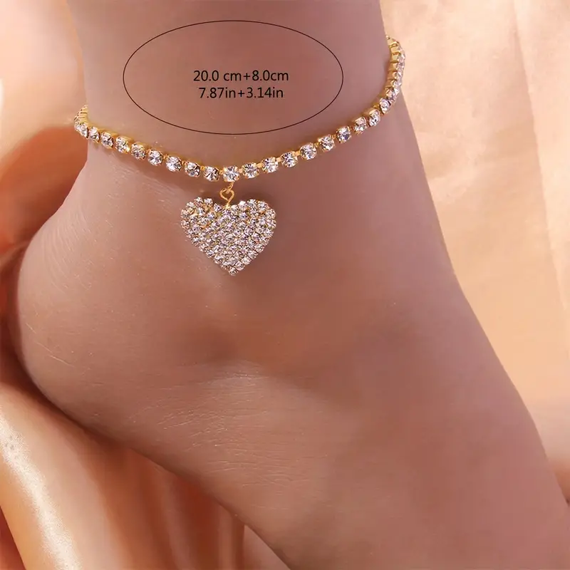 double layers bling bling rhinestones chain anklet double hollow love heart versatile claw chain ankle bracelet white wedding foot ornament details 3