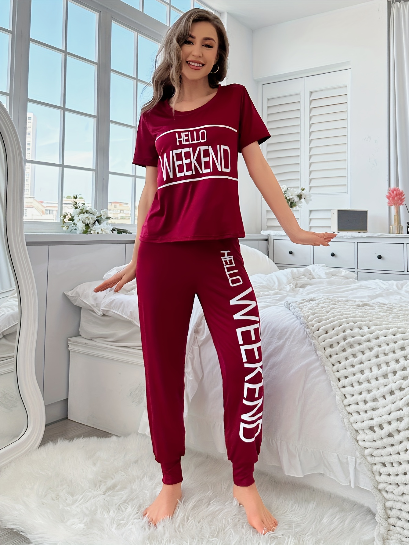 Coffee Letter Pattern Lounge Set, Casual & Comfy Short Sleeve Top & Elastic  Long Pants, Women's Sleepwear & Loungewear