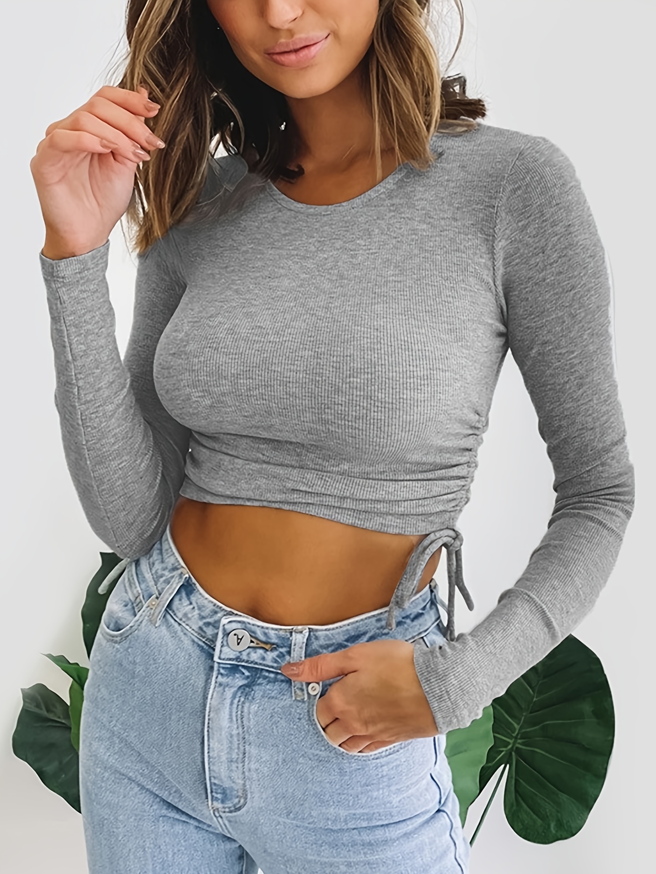 Crop Tops for Women Mesh Long Sleeve Ruched Drawstring Shirts Tops V Neck  Ribbed Sexy Solid Color Cropped Top Blouses