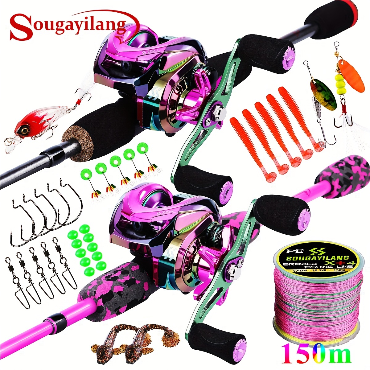 Sougayilang Fishing Rod Reel Tackle Set, Including 5-Section 5.9ft/180cm  Fishing Rod &12+1BB Colorful Baitcasting Reel & 160yds/146m X4 PE Fish Line  