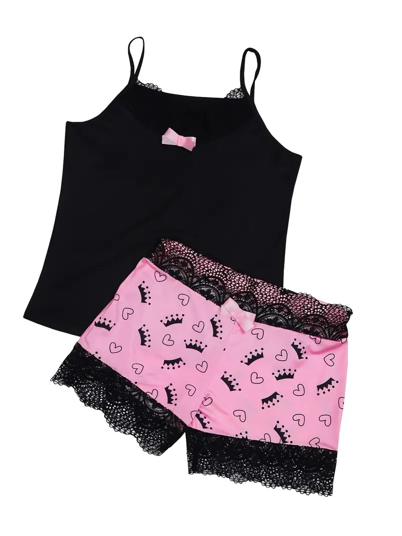 Heart Print Pajamas Set Lace Trim Bowknot Decor Cami Top - Temu Canada