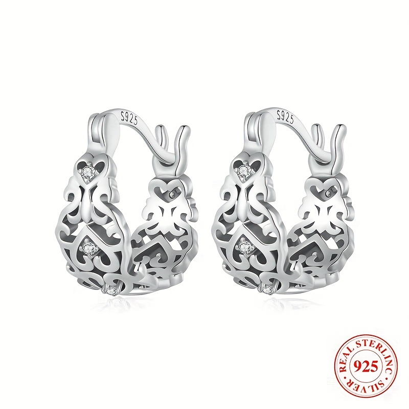 

925 Sterling Silver Retro Hollow Pattern Hoop Earrings Embellished With Zirconia Elegant Ethic Style Delicate Female Ear Accessories