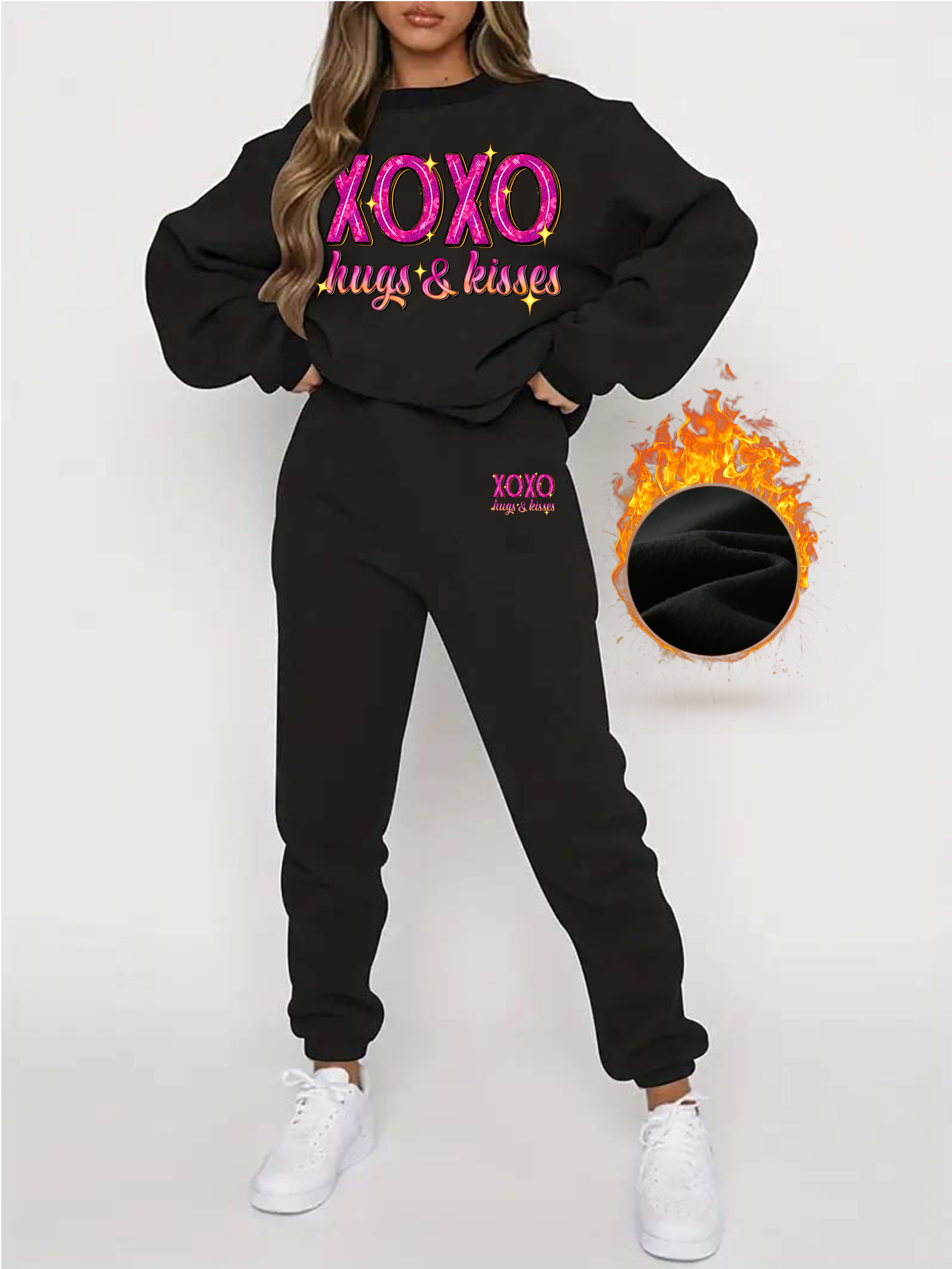 Xoxo Letter Print Fleece Two piece Set Casual Long Sleeve - Temu