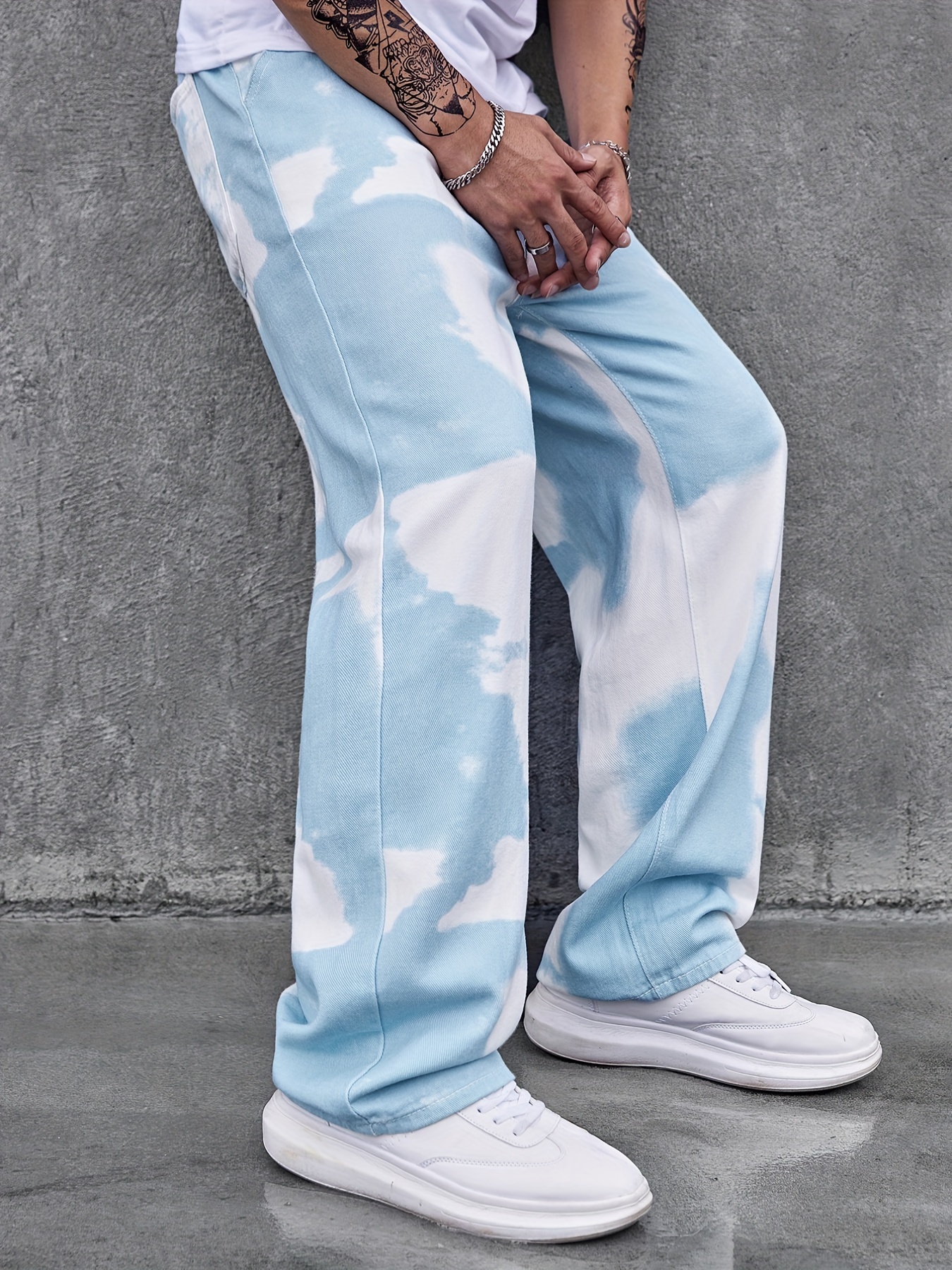 Loose Fit Mopping Jeans, Men's Casual Street Style Tie-dye Denim Pants For  All Seasons