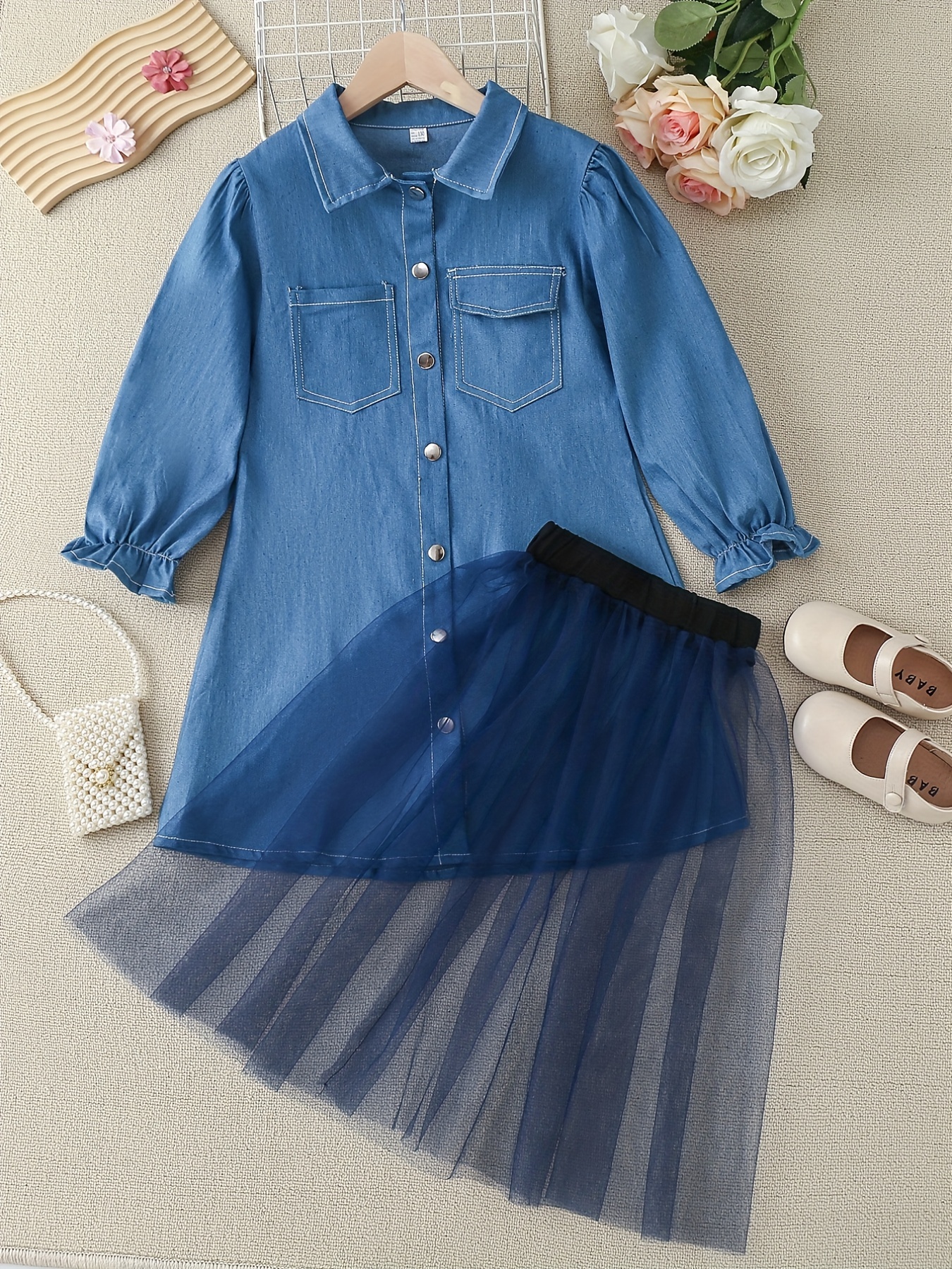 white christmas dresses Denim Dress With Pleated Chiffon Hem main image 0