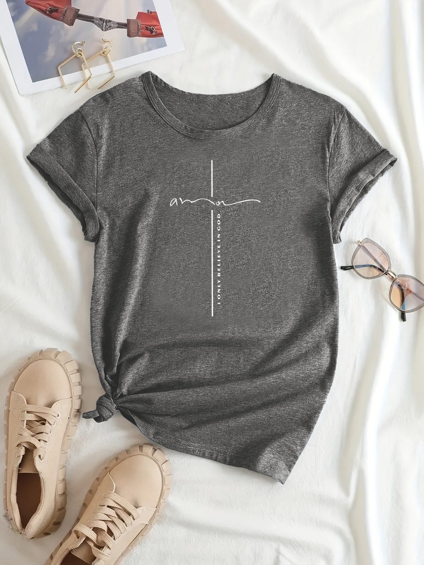 cross print christian t shirt casual short sleeve t shirt for spring summer womens clothing