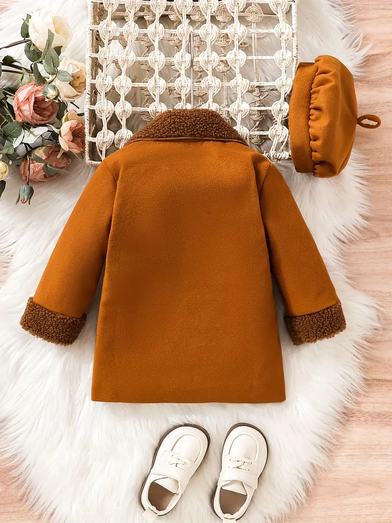 warm stylish toddler baby girls two piece set lapel coat pockets solid hat details 0