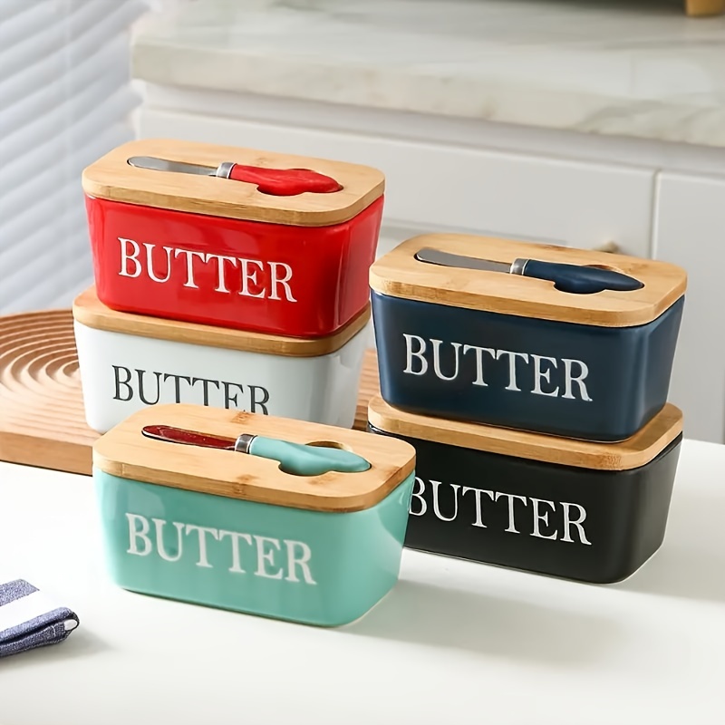 

1pc Butter Fresh-keeping Box With Wooden Lid, Ceramics Butter Keeper Container, Butter Sealed Storage With Lid, Butter Cheese Slicer Refrigerator Storage Box, Home Kitchen Supplies