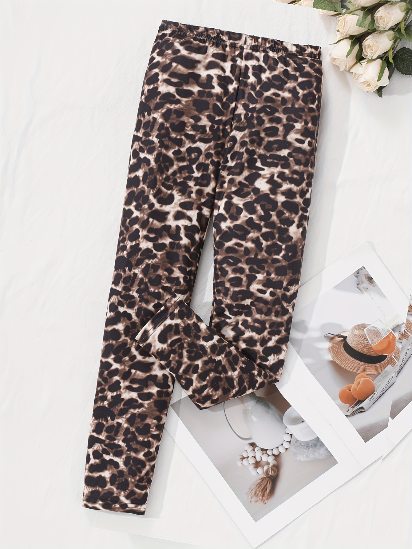1pc Trendy Khaki Leopard Print 3/4 Leggings For Girls, Comfortable &  Versatile, Suitable For Back To School Outfits