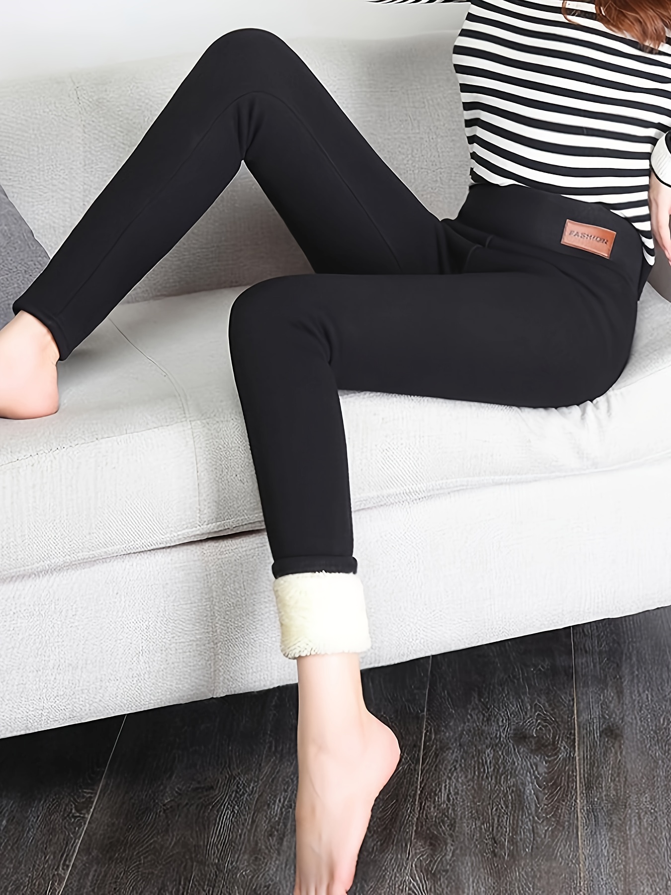 Winter Warm Plush Leggings, Thermal Casual Stretchy Black Leggings For Fall  & Winter, Women's Clothing