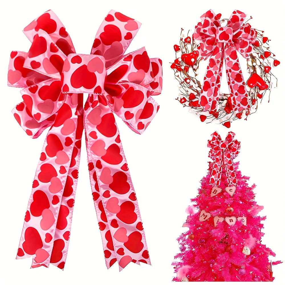 

1pc, Valentine Tree Topper Bow With Heart Decorations, 11.4 Inch X19.6 Inch Large Red Pink Valentines Wreath Bow Decor For Valentine's Day Wedding Holiday Party Wall Home Front Door Decorative