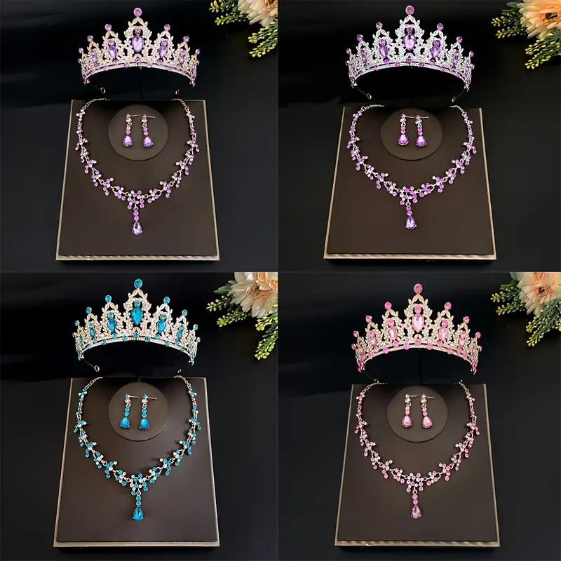 3/4 Pieces Women Jewelry Set Rhinestone Crystal Bride Statement Choker  Necklace Tiara Crown Link Bangle Bracelet Teardrop Dangle Earrings Set for