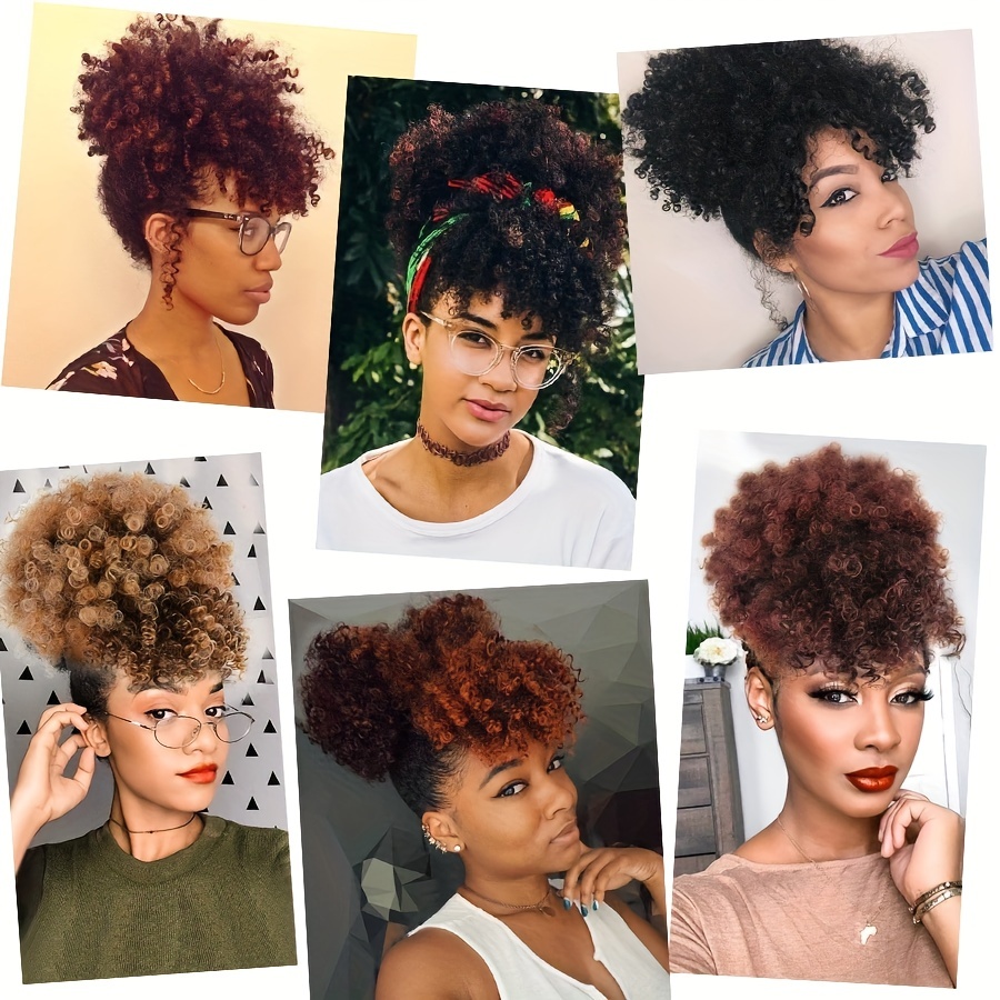 Kinky Curly Chignon with Bangs Synthetic Hair Bun Drawstring Ponytail Afro Puff