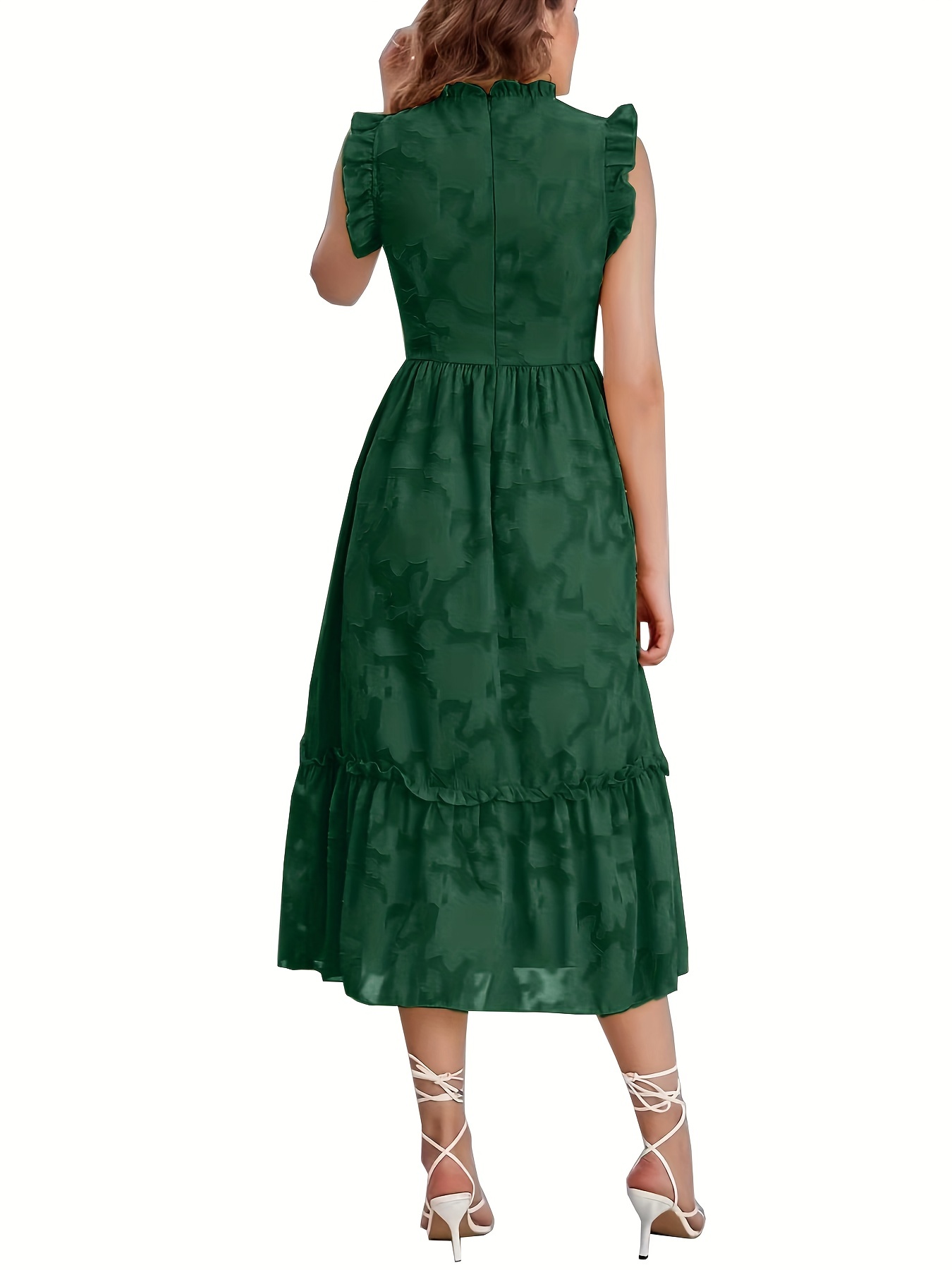 Women Green Jacquard Wrinkled Tie Waist Patchwork Cotton Mid Dress