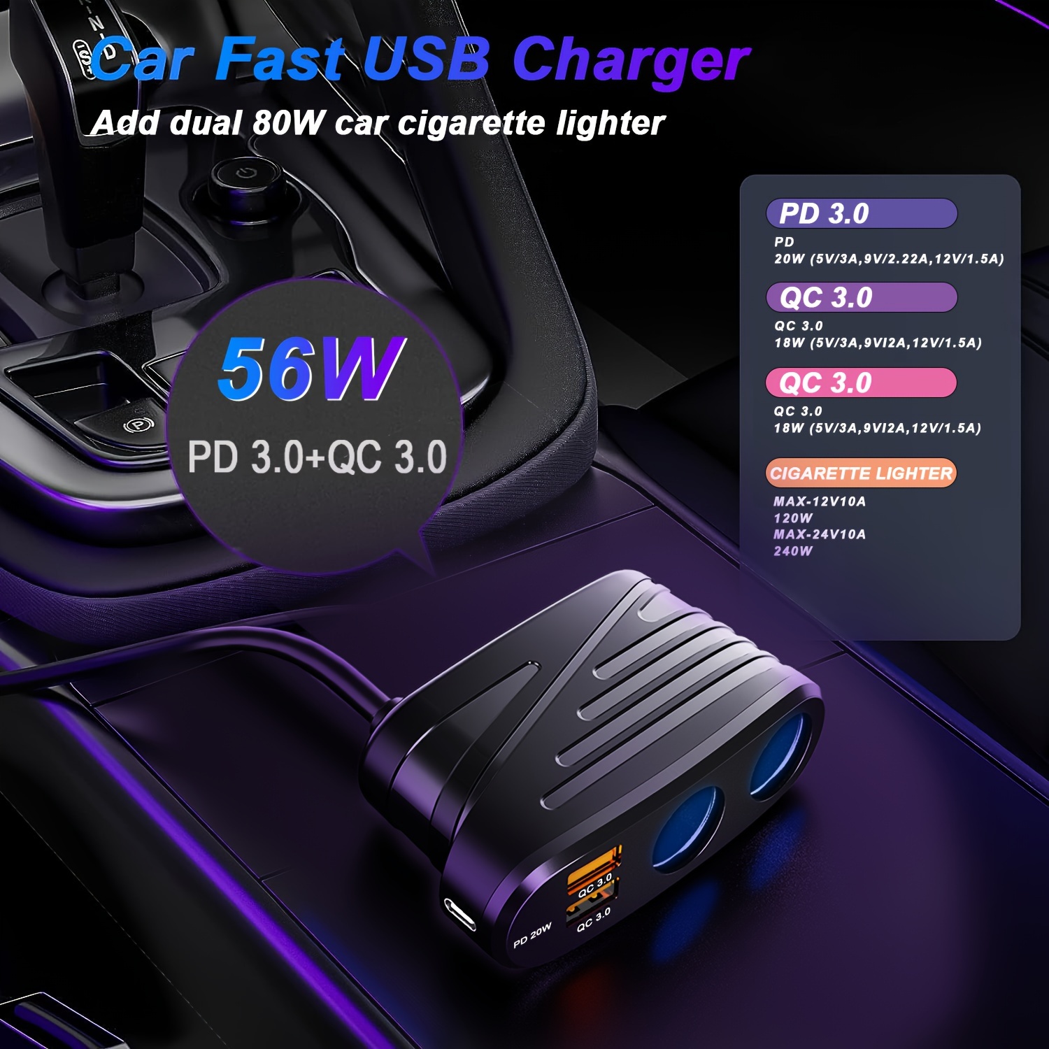120W 2-Way Cigarette Lighter Splitter Quick Charge 3.0 Car Chargers, Dual  USB Quick Chargers For Sat Nav, Dashcam, Phones, Laptop And More