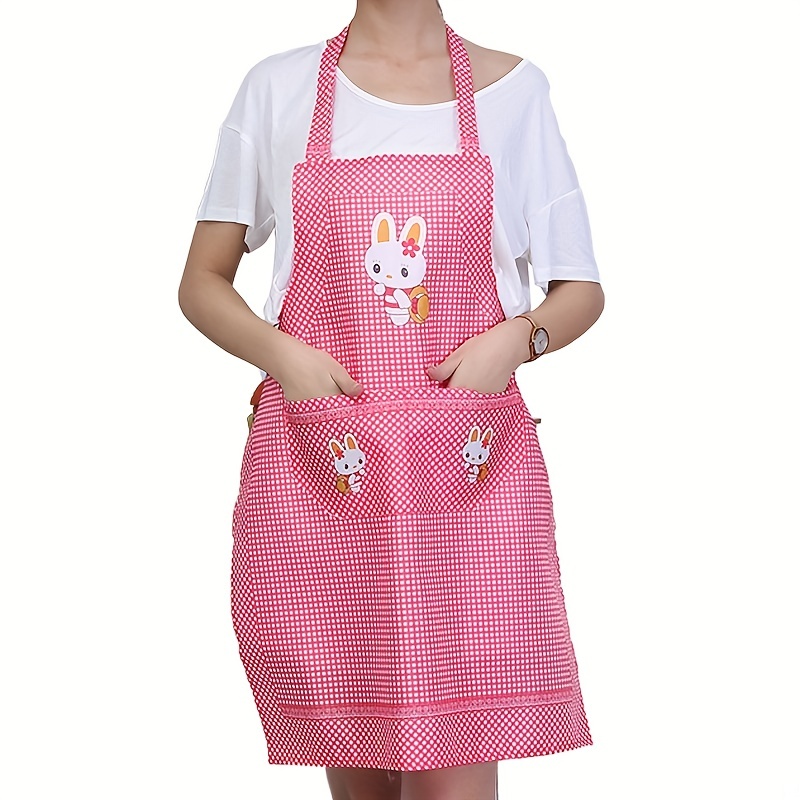 Cartoon Rabbit Plaid Apron Waterproof for Home Cooking Waist Overalls