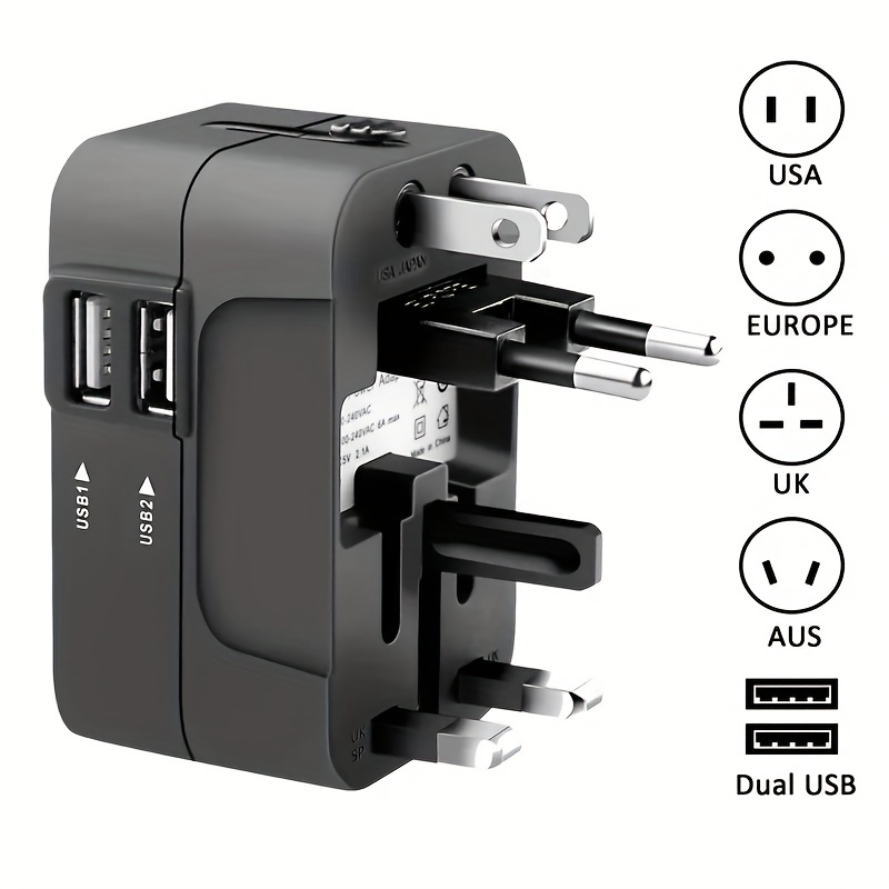 

Travel Adapter, Worldwide All In 1 Universal Travel Adapter Wall Charger Ac Power Plug Adapter With Dual Usb Charging Ports For Usa Eu Uk Aus
