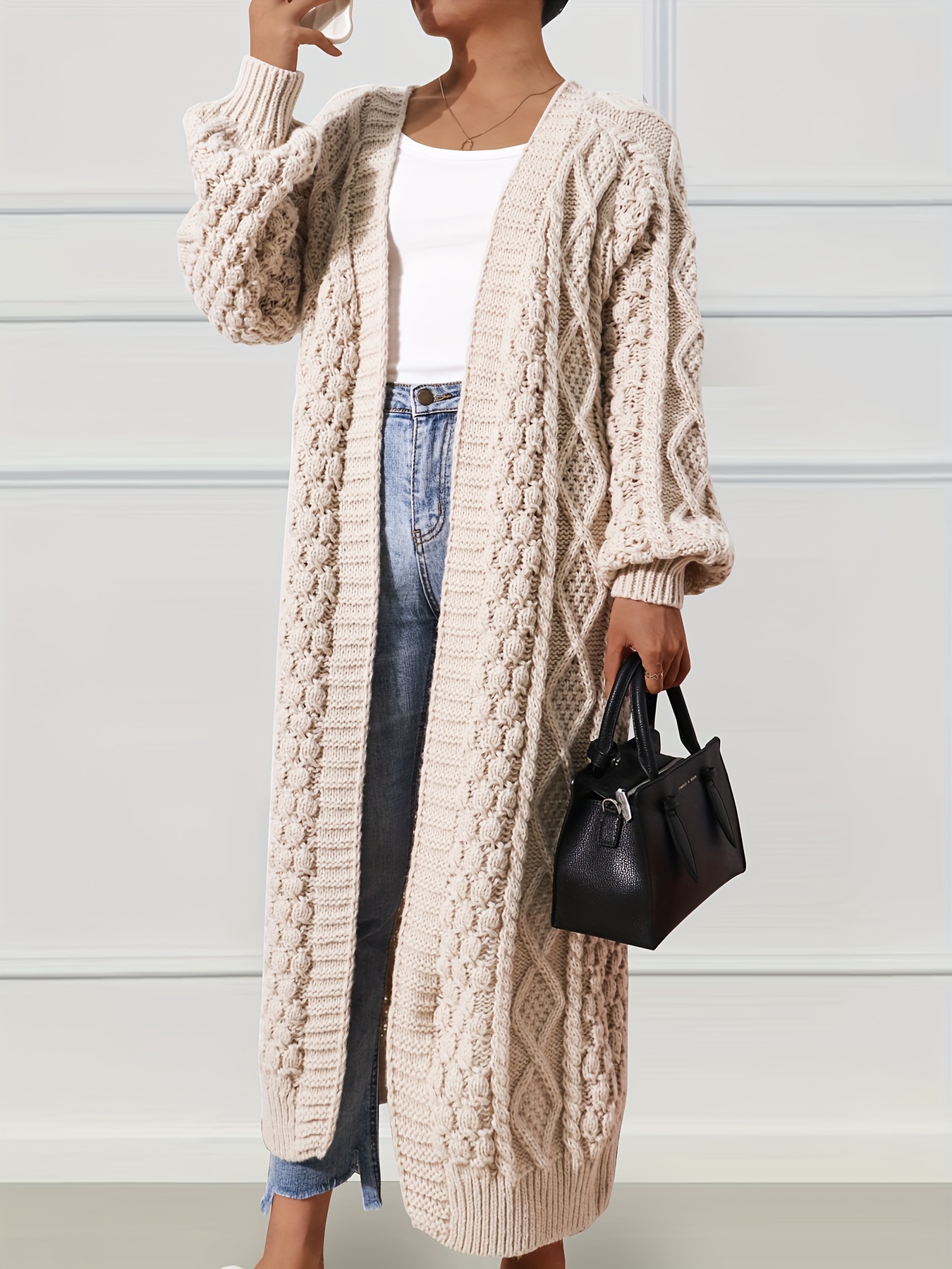 Open Front Chunky Cable Knit Cardigan Casual Long Sleeve - Temu