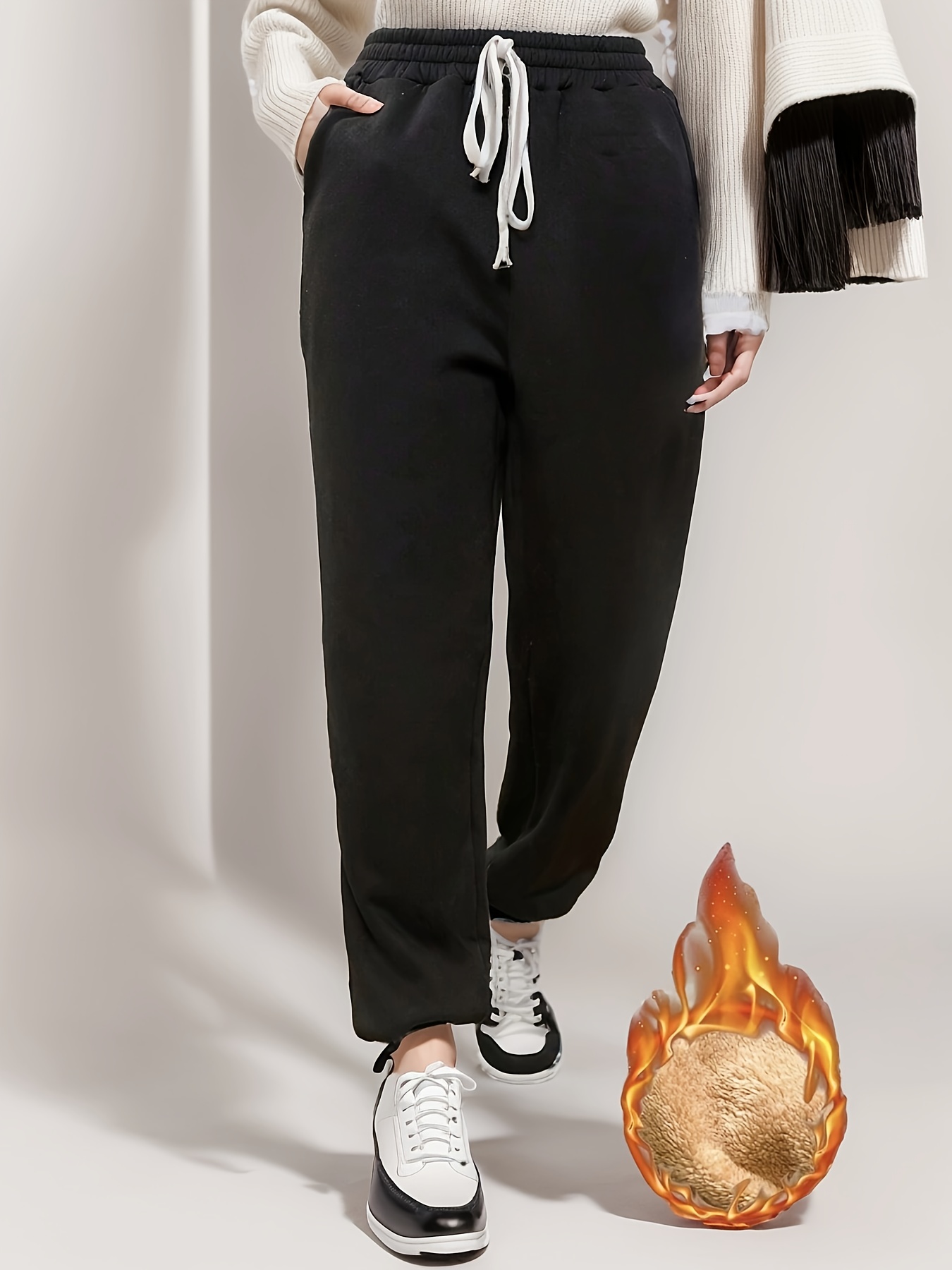 Solid Fleece Jogger Pants, Casual Drawstring Waist Winter Pants, Women's  Clothing