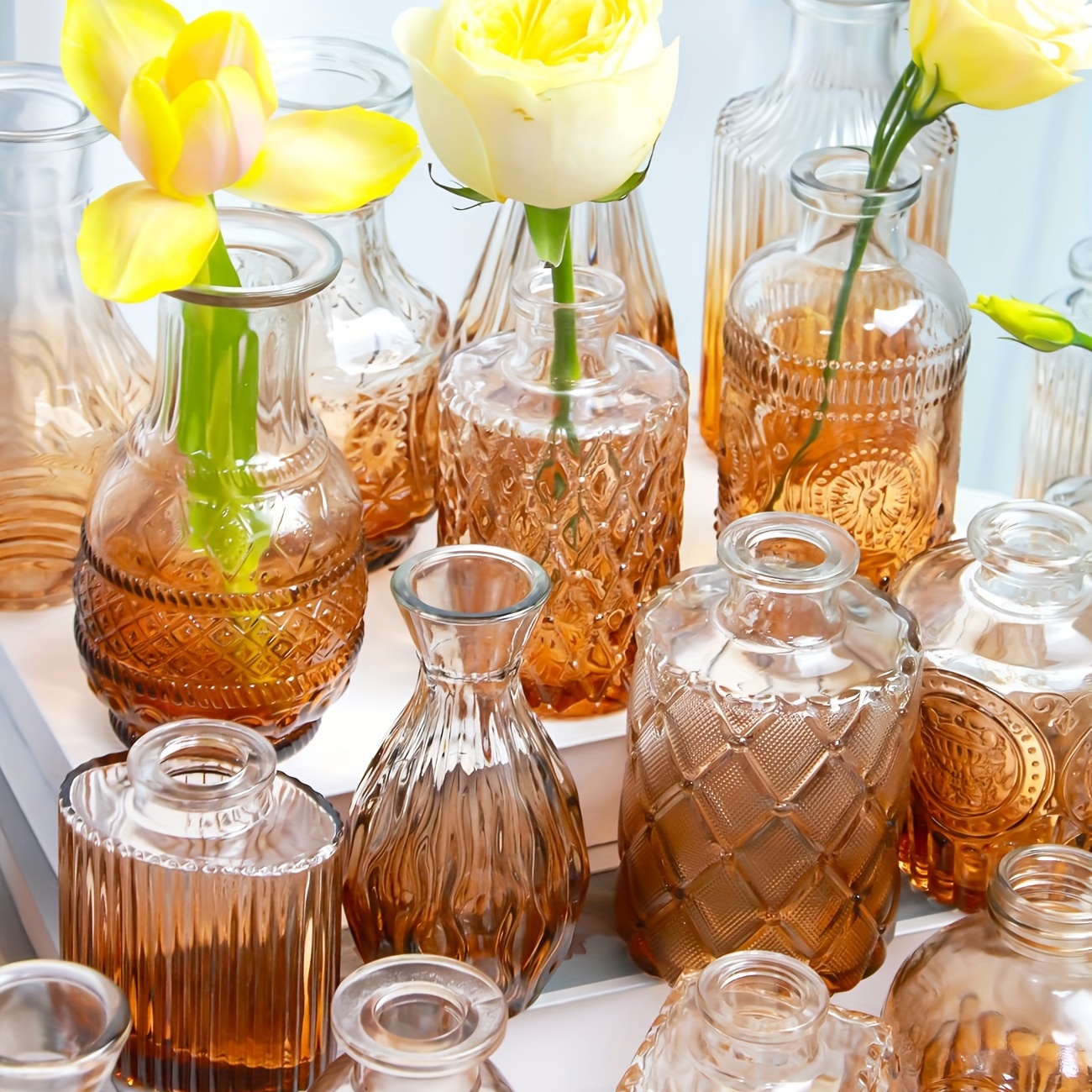 Amber Glass Bud Vase Set of 10 - Small Vases for Flowers, Bud Vases in  Bulk, Cute Glass Vases for Centerpieces, Mini Vintage Vase for Wedding  Decorations, Table Flower Decor(Pink Orange) 