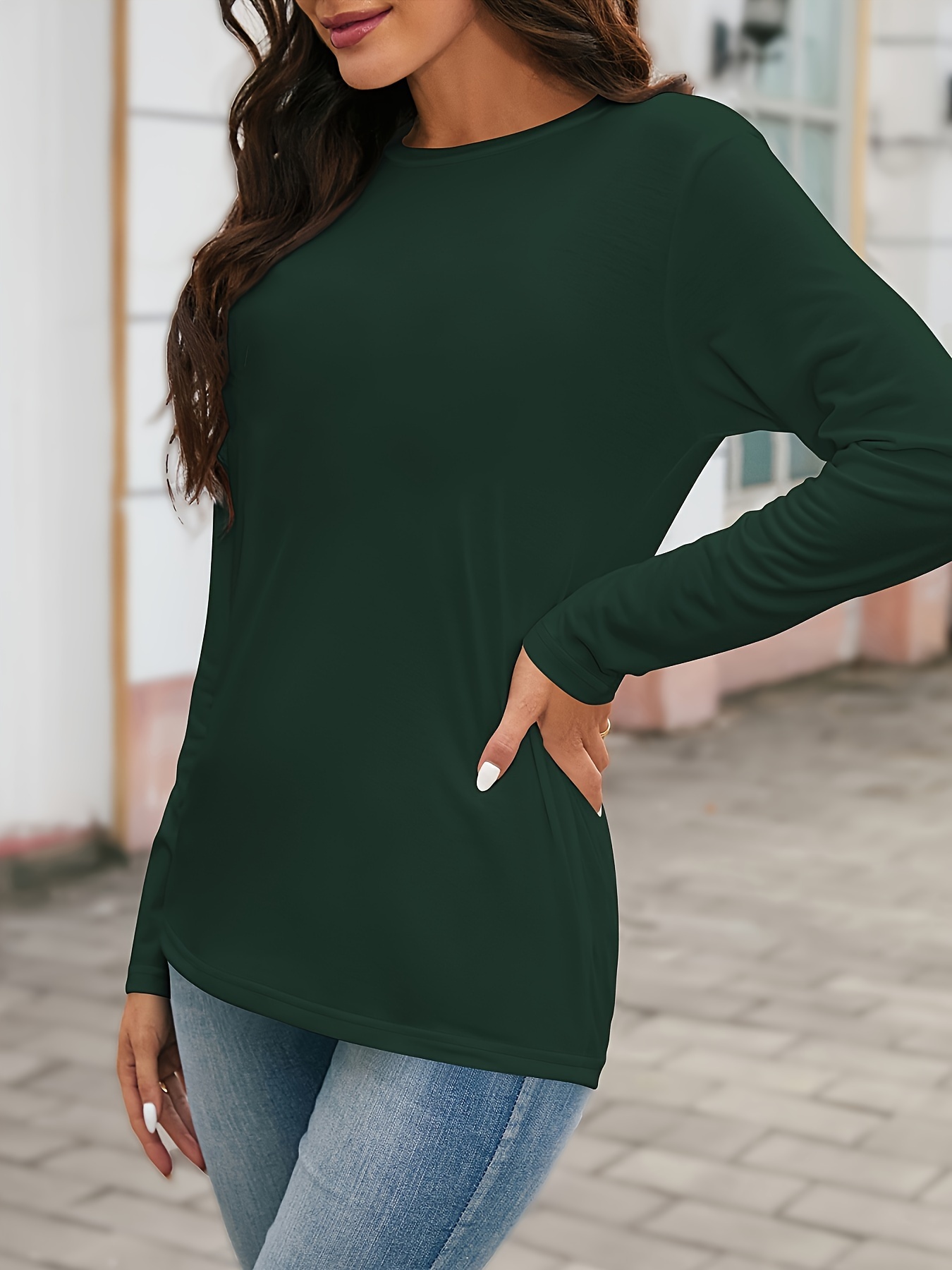 plus size simple solid t shirt casual crew neck long sleeve t shirt womens plus size clothing dark green 4