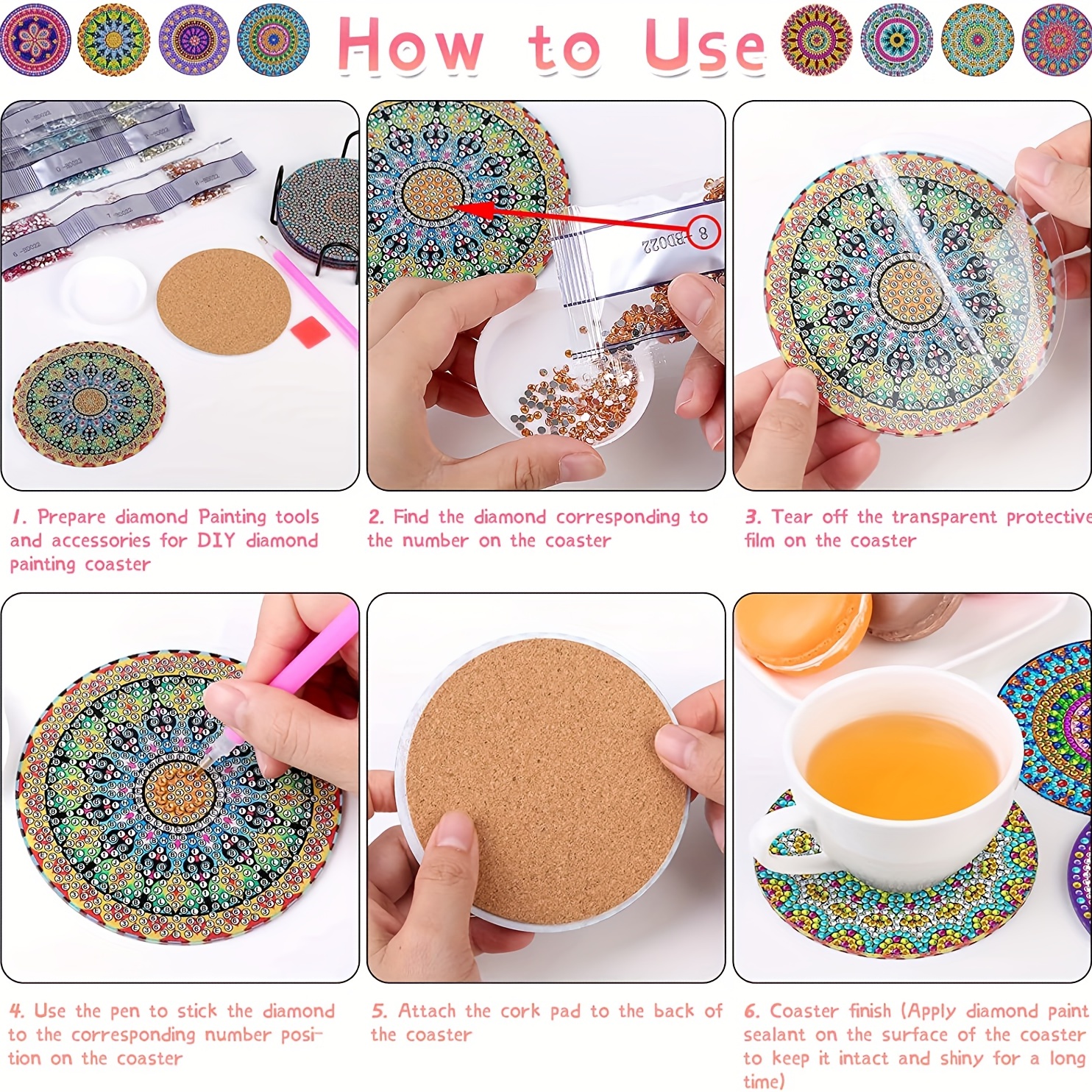 4/6/8Pcs Diamond Coasters with Holder DIY Mandala Coasters Diamond Painting  Kits for Beginners, Adults Kids Art Craft Supplies