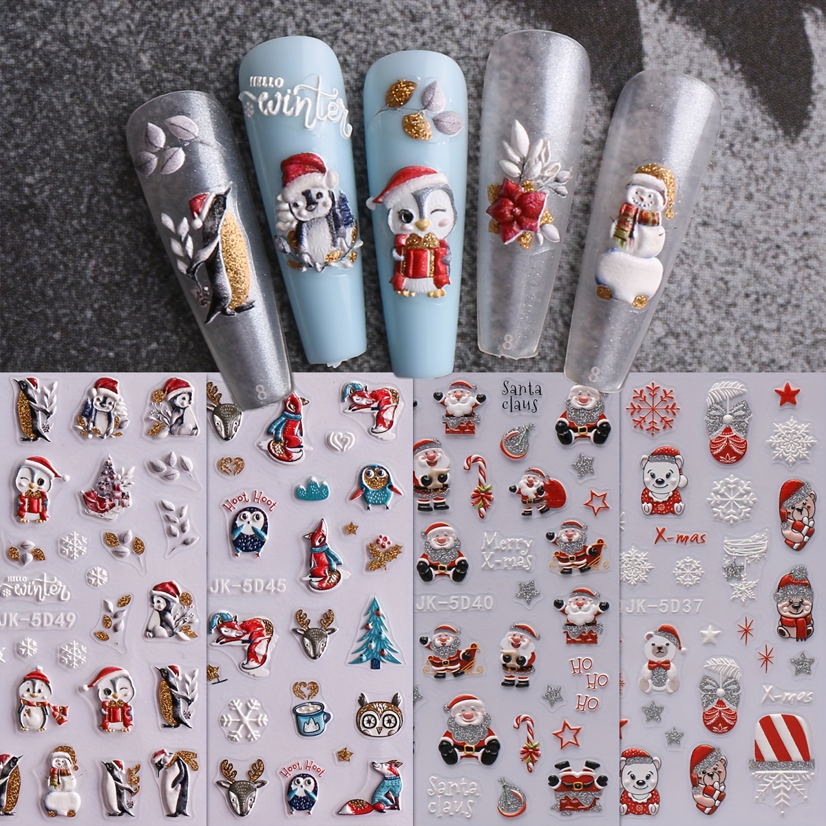 5d Embossed Glitter Christmas Nail Art Stickers santa Claus - Temu