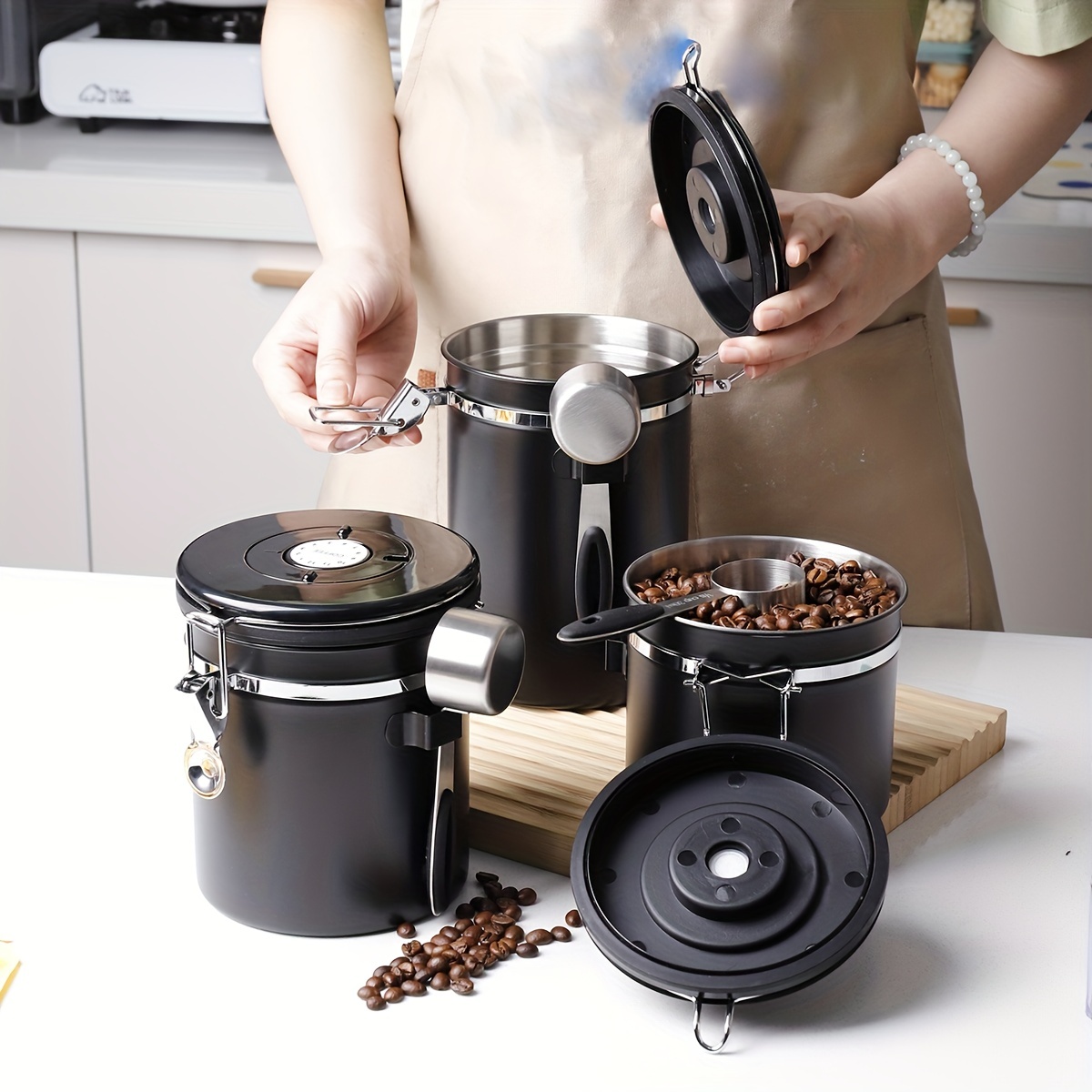 Veken Recipiente de café, recipiente hermético de acero inoxidable para  almacenamiento de alimentos de cocina con rastreador de fecha y cuchara  para