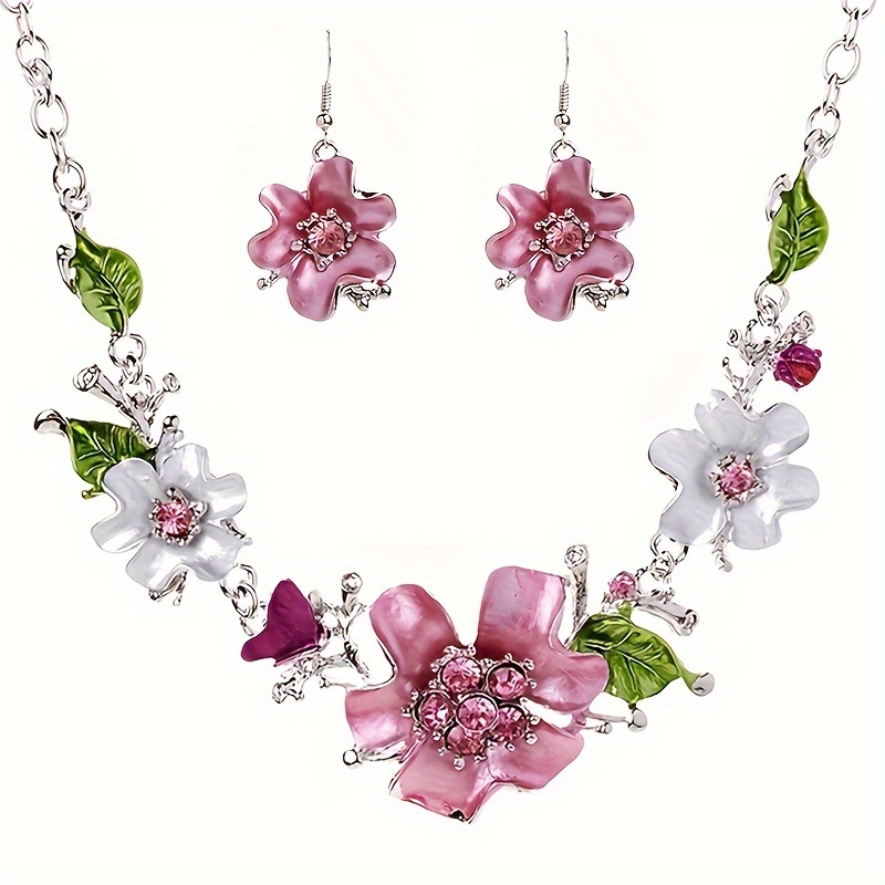 

1 Pair Of Earrings + 1 Necklace Elegant Jewelry Set Pink Flower With Leaves Perfect Decor For Summer Vacation Sweet Gift For