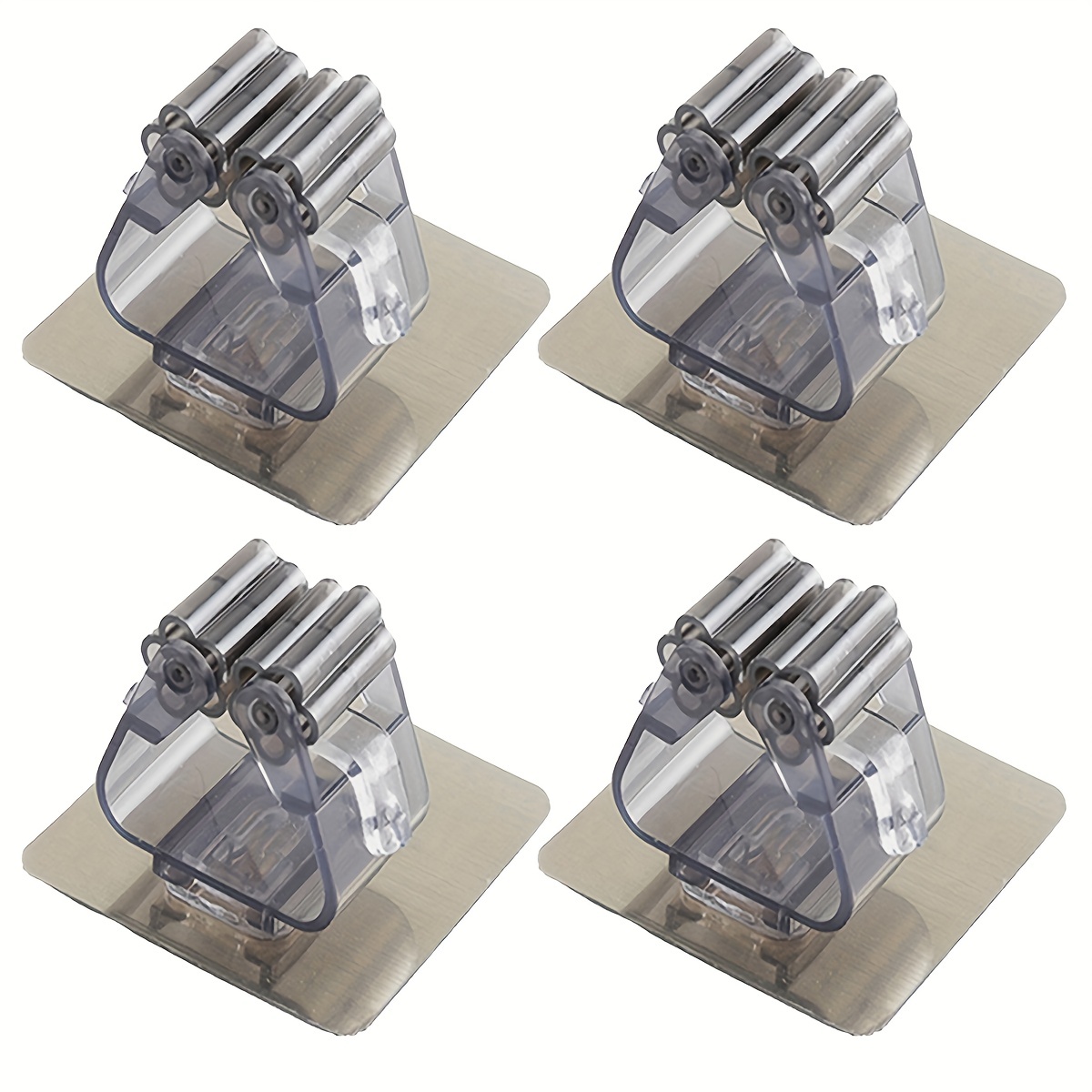 4pcs Adhesive Mop and Broom Holder, Wall Mounted, No-Drill, Multi-Functional Bathroom Storage Rack for Toilet Brush, Mop Organizer with Plastic Material