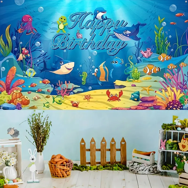 Happy Birthday Decoration Banner Sea Backdrop Ocean Animal - Temu