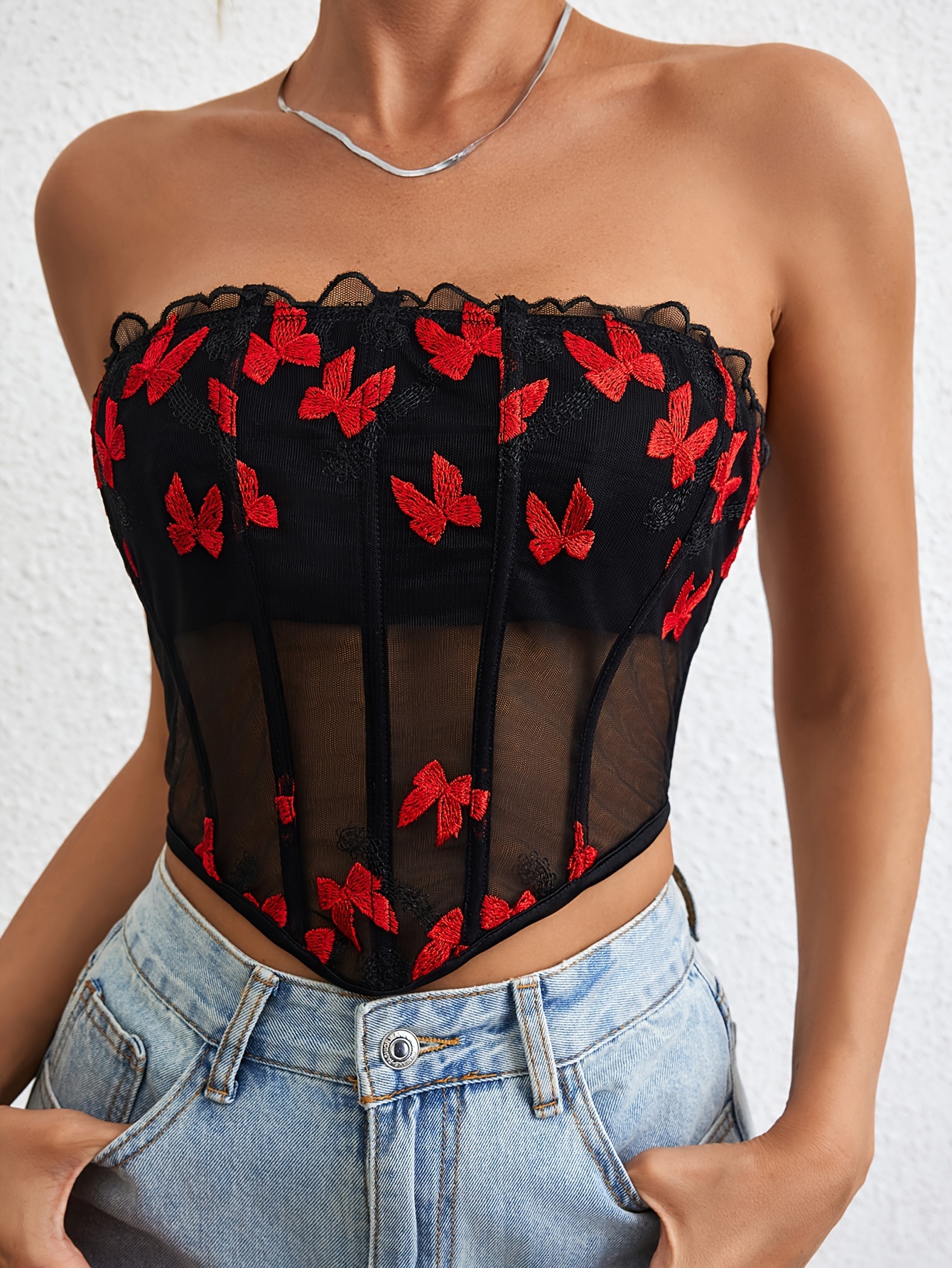 Butterfly Embroidered Slim Mesh Tube Top, Elegant Backless Sleeveless  Bustier Tube Top For Every Day, Women's Clothing For Coquette/Cute/Y2K Style