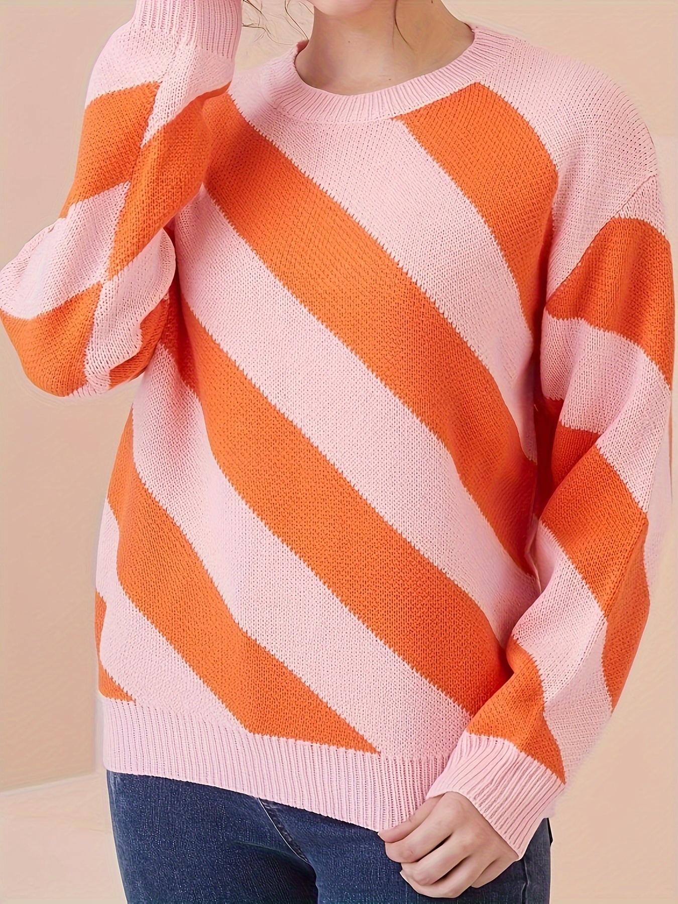 Color Block Striped Pullover Sweater Casual Crew Neck Long Temu