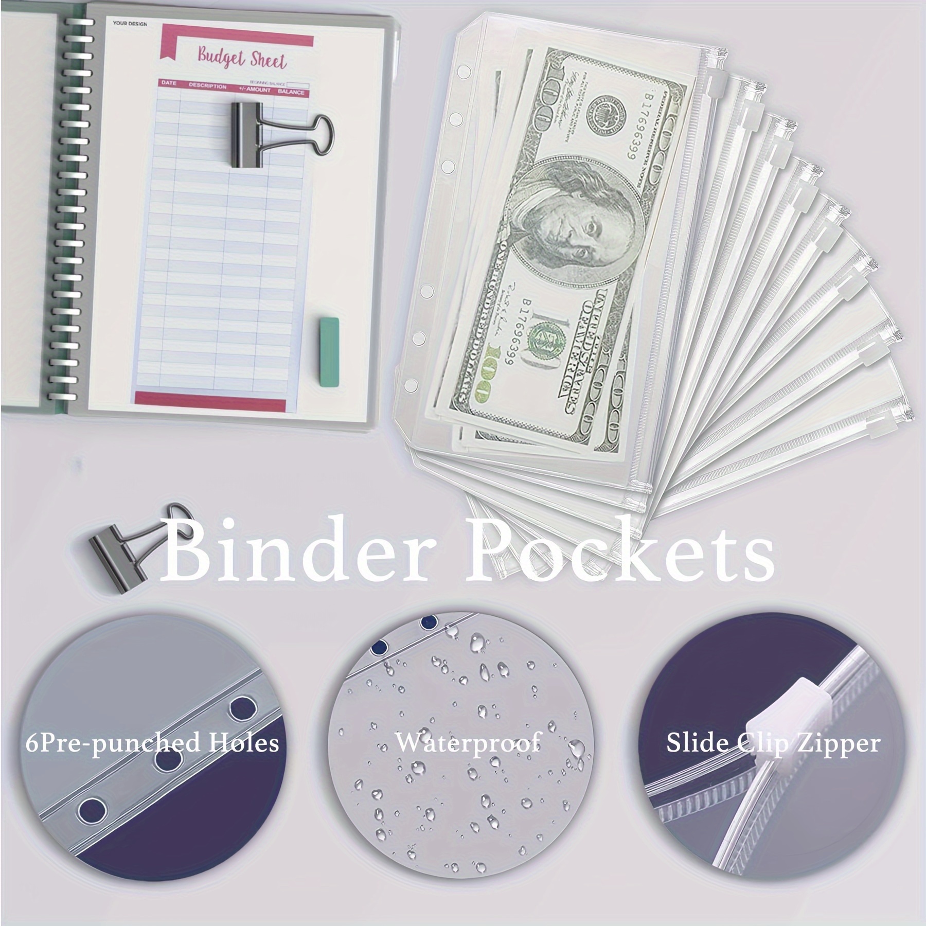 6 Budget Binder Money Organizer for Cash,Money Saving Binder with Zipper  Pockets