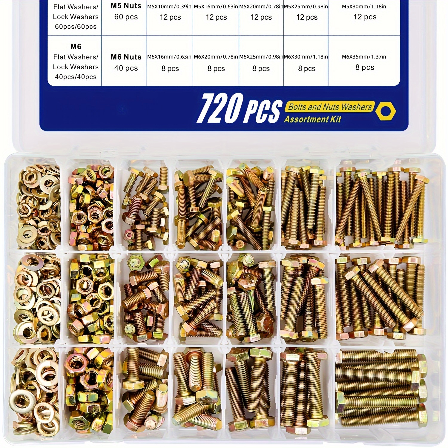 720pcs M4 M5 M6 Tornillos Y Tuercas Kit De Surtido, Grado 8.8 Aleación De Acero Tornillos Hexagonales Tuercas Y Arandelas, Incluye 15 Tamaños Regulares