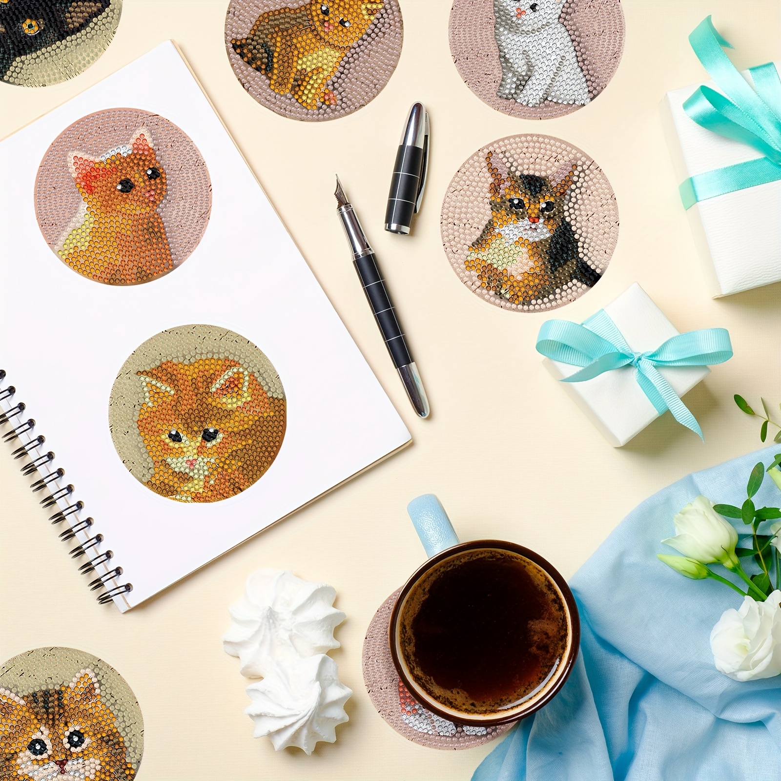 8 Pcs Christmas Cat Diamond Painting Coaster Kits with Holder DIY Diamond  Art Co